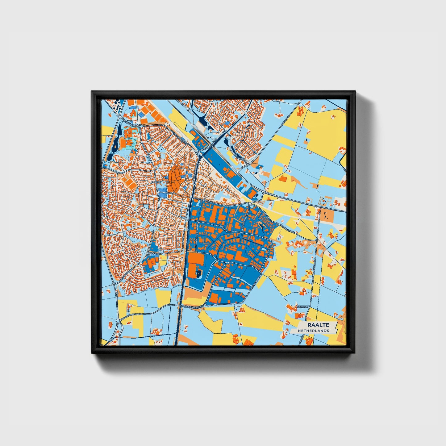 Raalte Netherlands Colorful City Map Canvas Print • Black Framed