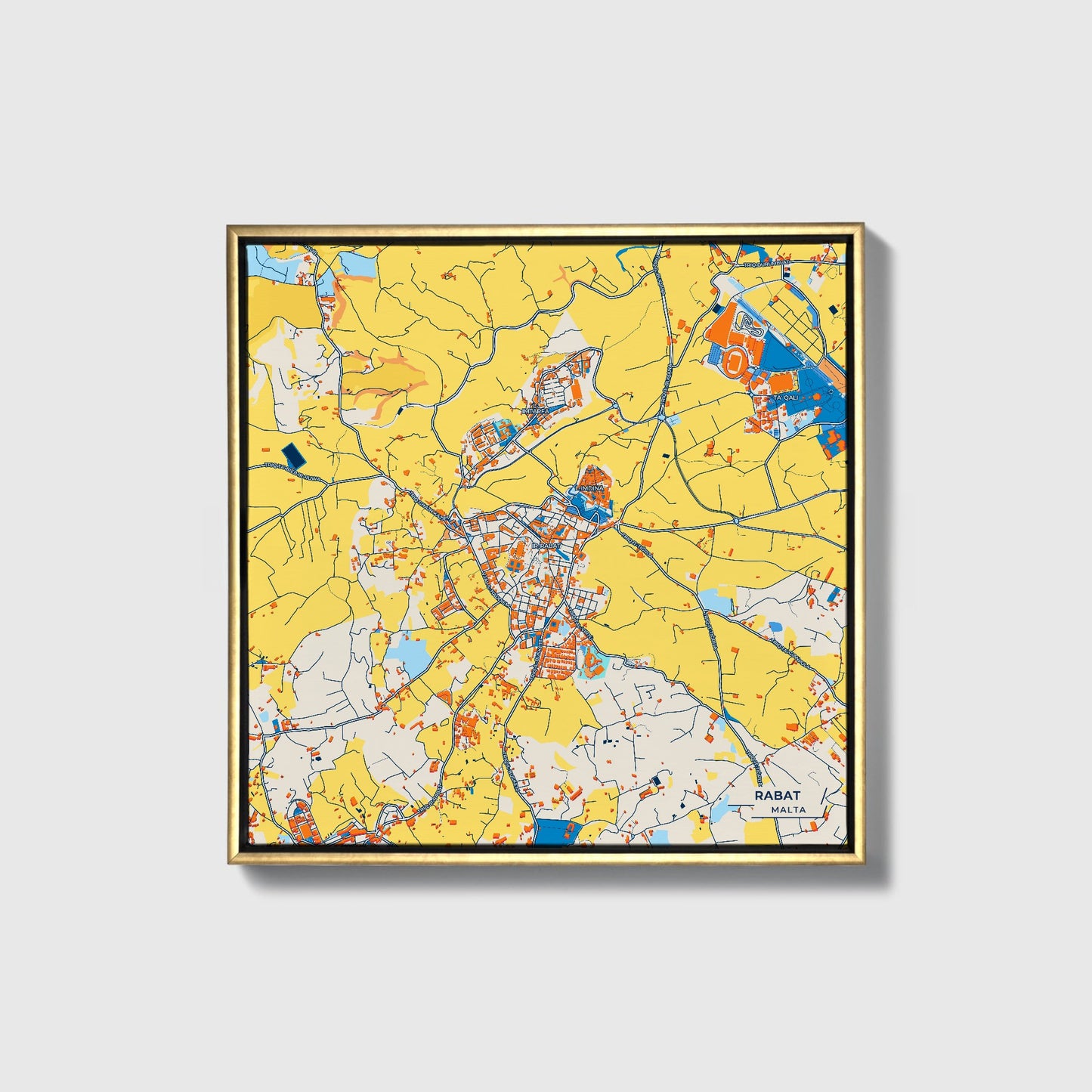 Rabat Malta Colorful City Map Canvas Print • Gold Framed