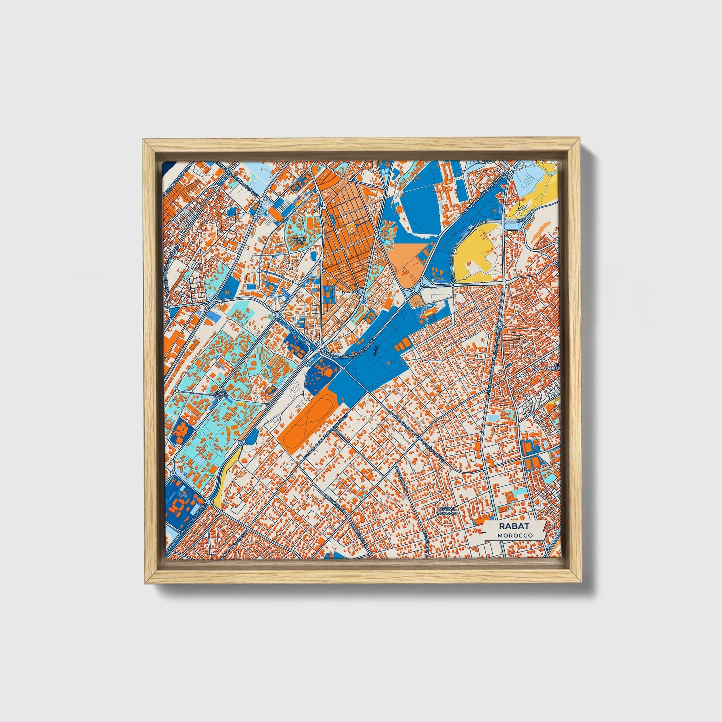 Rabat Morocco Colorful City Map Canvas Print • Natural Wooden Framed