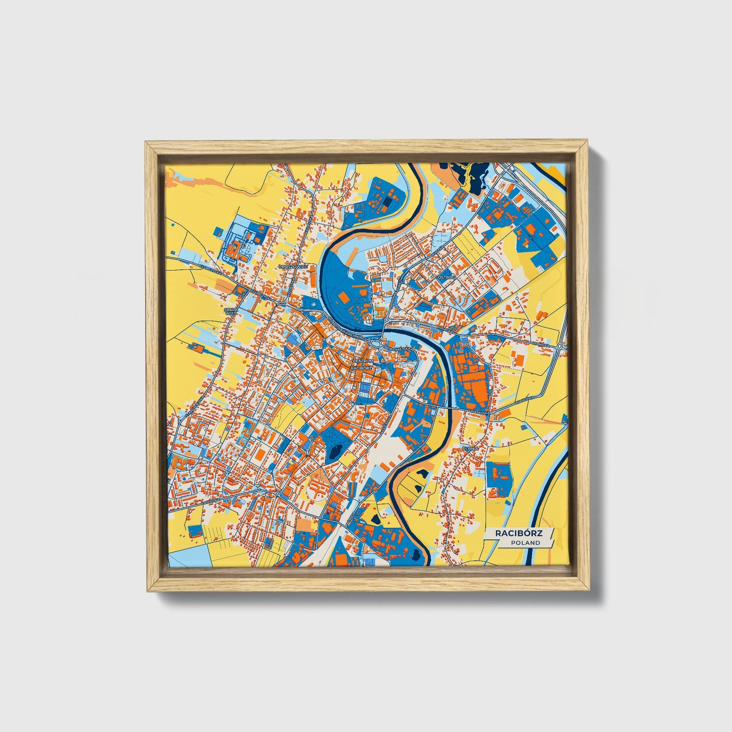 Racibórz Poland Colorful City Map Canvas Print • Natural Wooden Framed