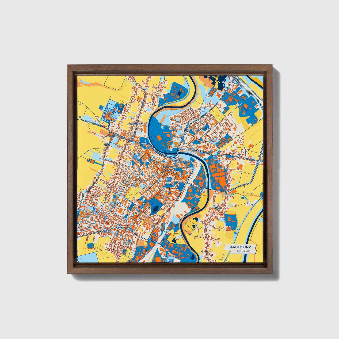 Racibórz Poland Colorful City Map Canvas Print • Dark Wooden Framed