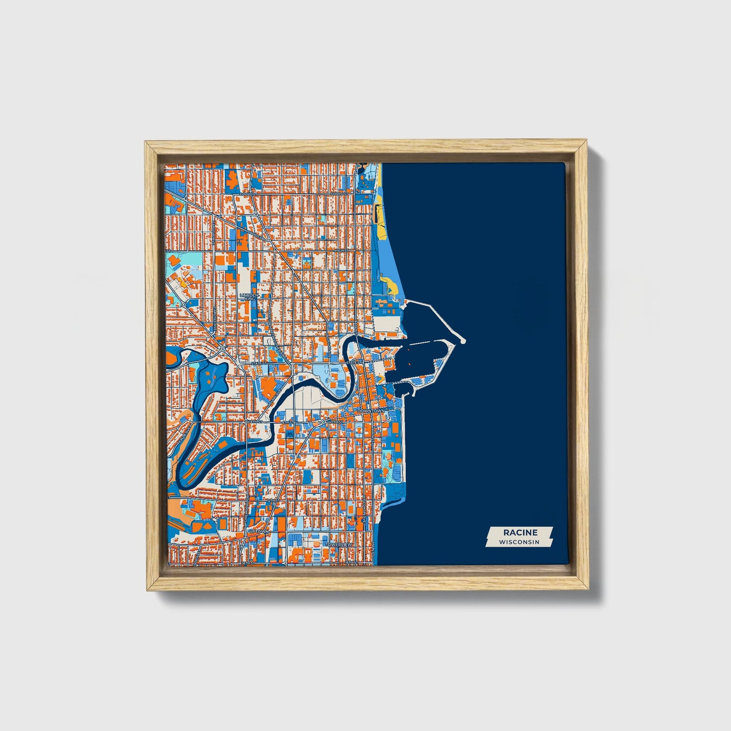 Racine Wisconsin Colorful City Map Canvas Print • Natural Wooden Framed