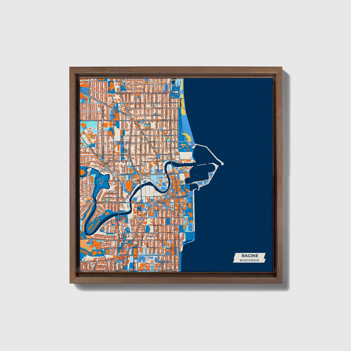 Racine Wisconsin Colorful City Map Canvas Print • Dark Wooden Framed