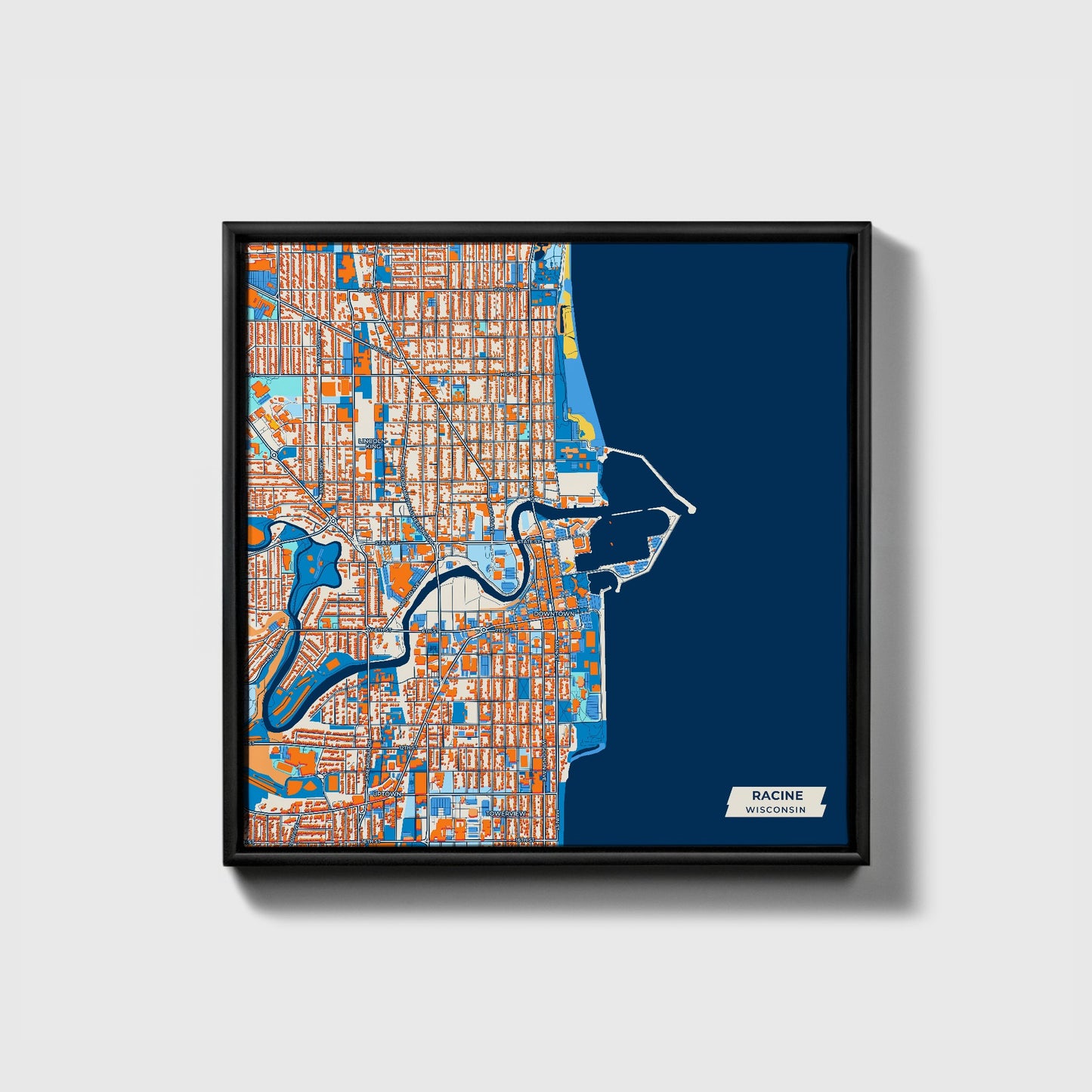Racine Wisconsin Colorful City Map Canvas Print • Black Framed
