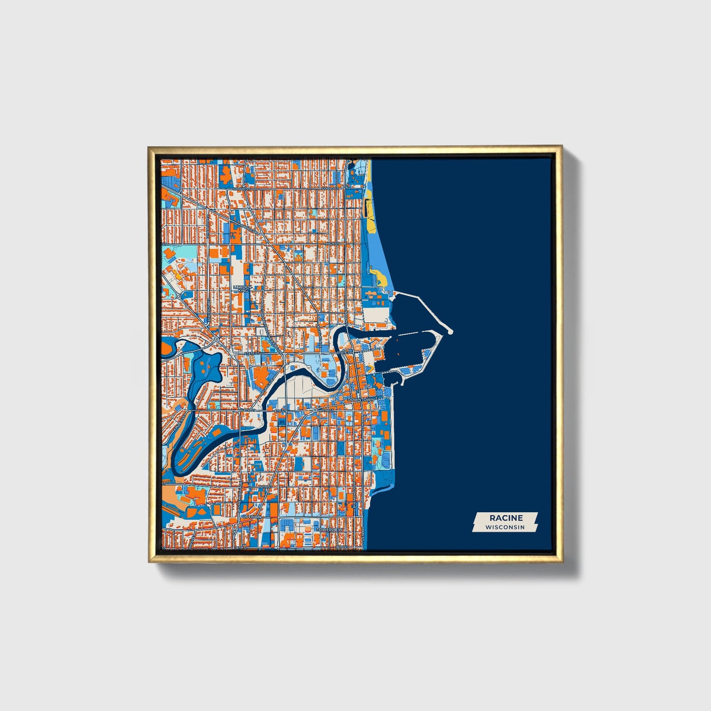 Racine Wisconsin Colorful City Map Canvas Print • Gold Framed
