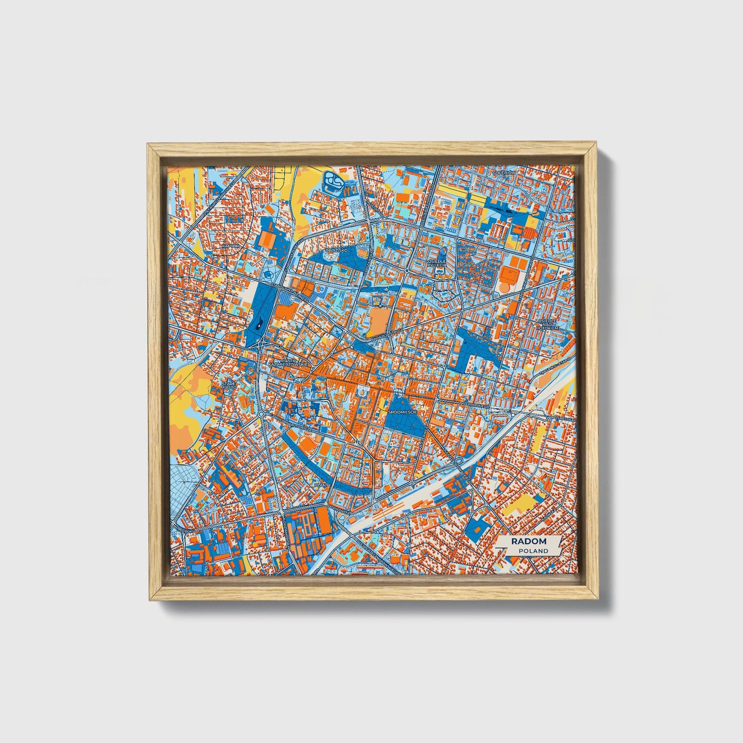 Radom Poland Colorful City Map Canvas Print • Natural Wooden Framed
