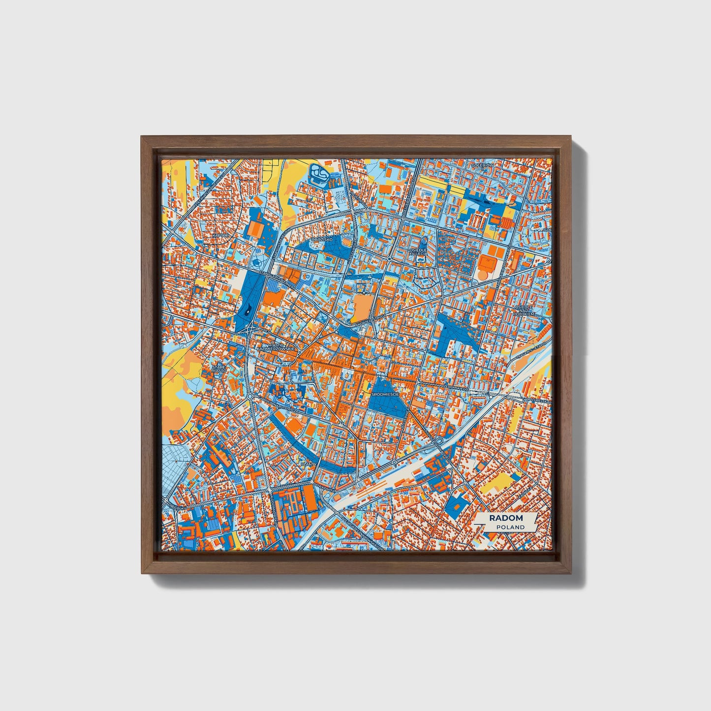 Radom Poland Colorful City Map Canvas Print • Dark Wooden Framed