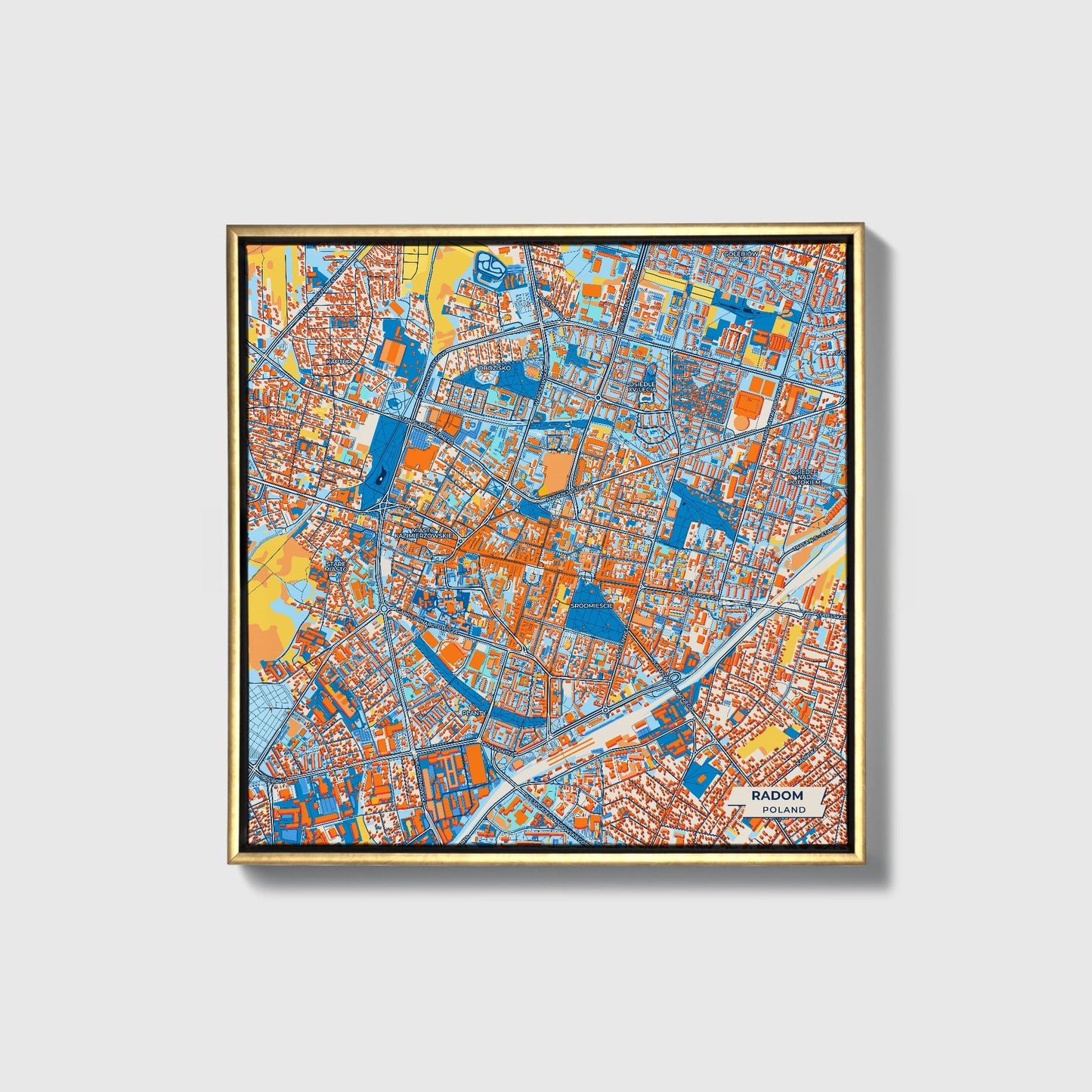 Radom Poland Colorful City Map Canvas Print • Gold Framed