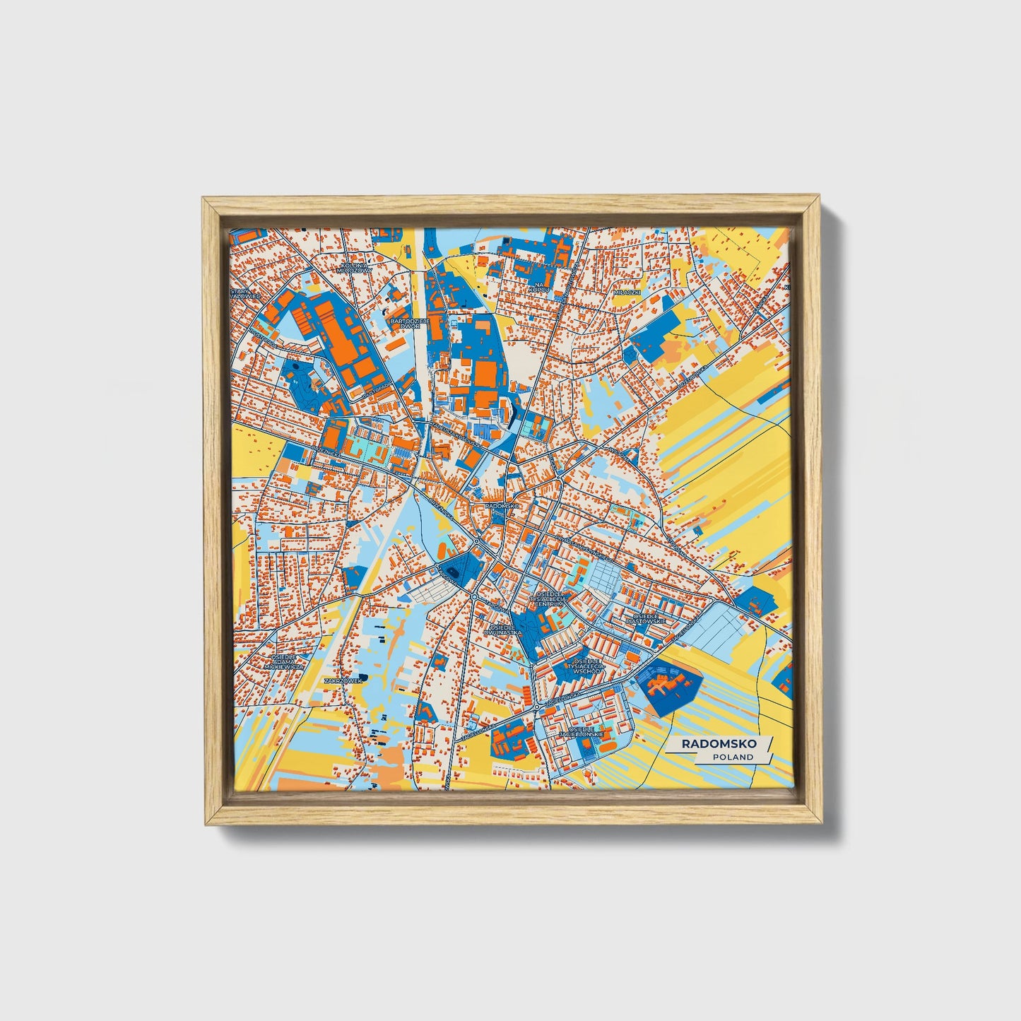 Radomsko Poland Colorful City Map Canvas Print • Natural Wooden Framed