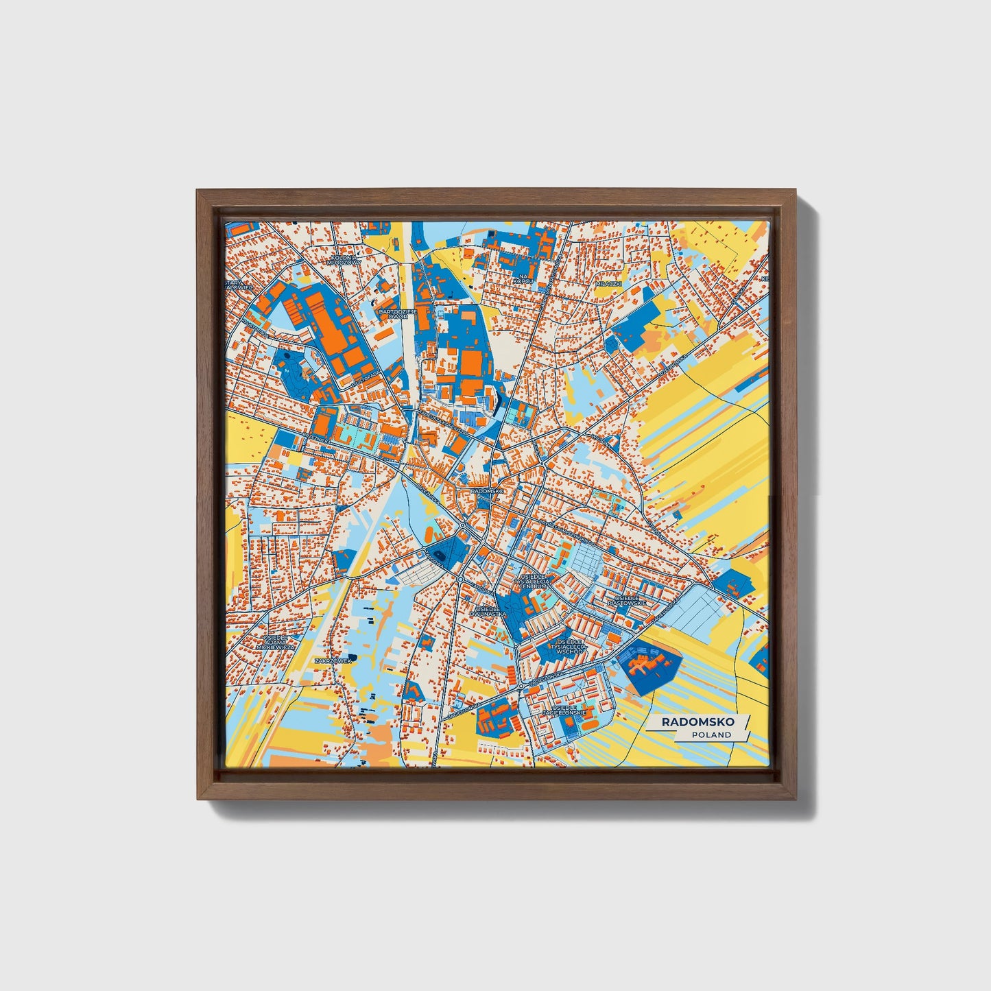 Radomsko Poland Colorful City Map Canvas Print • Dark Wooden Framed