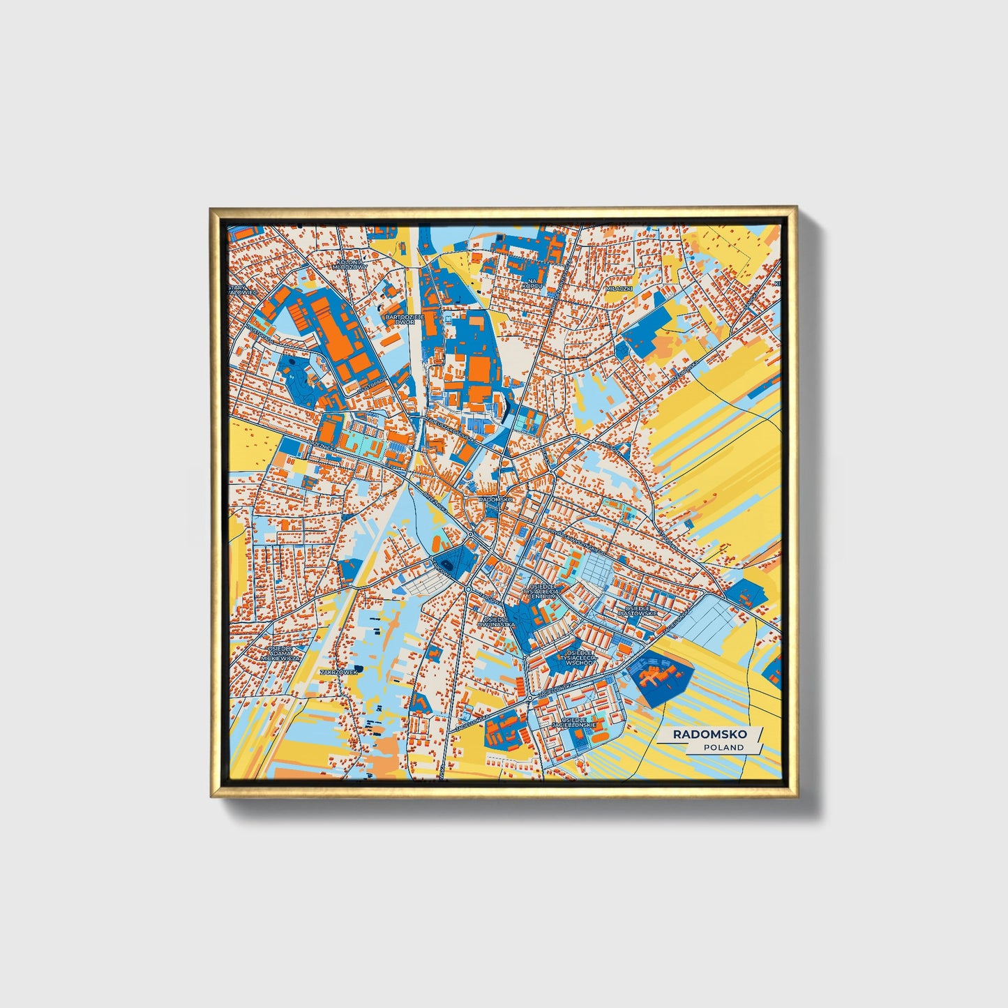 Radomsko Poland Colorful City Map Canvas Print • Gold Framed