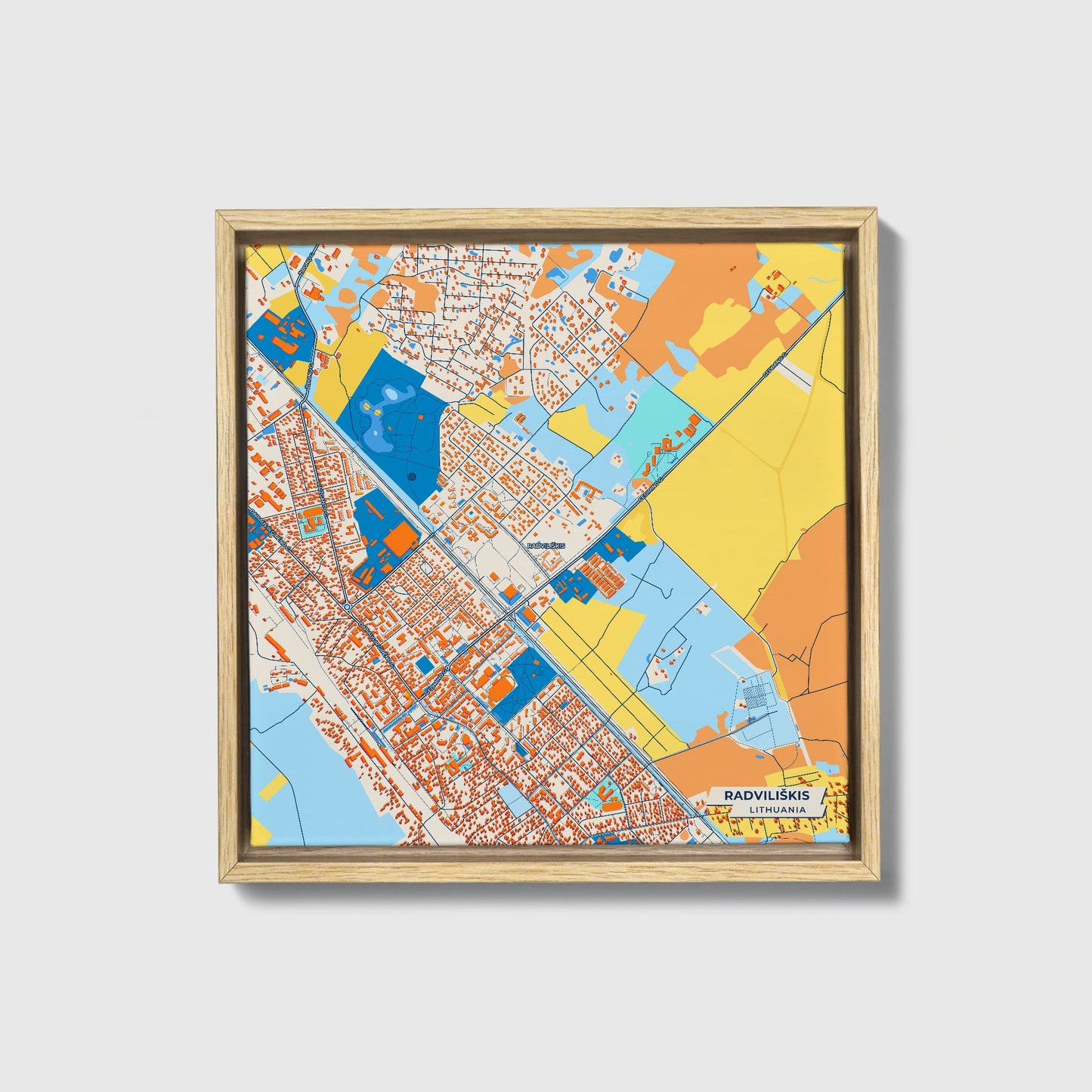 Radviliškis Lithuania Colorful City Map Canvas Print • Natural Wooden Framed