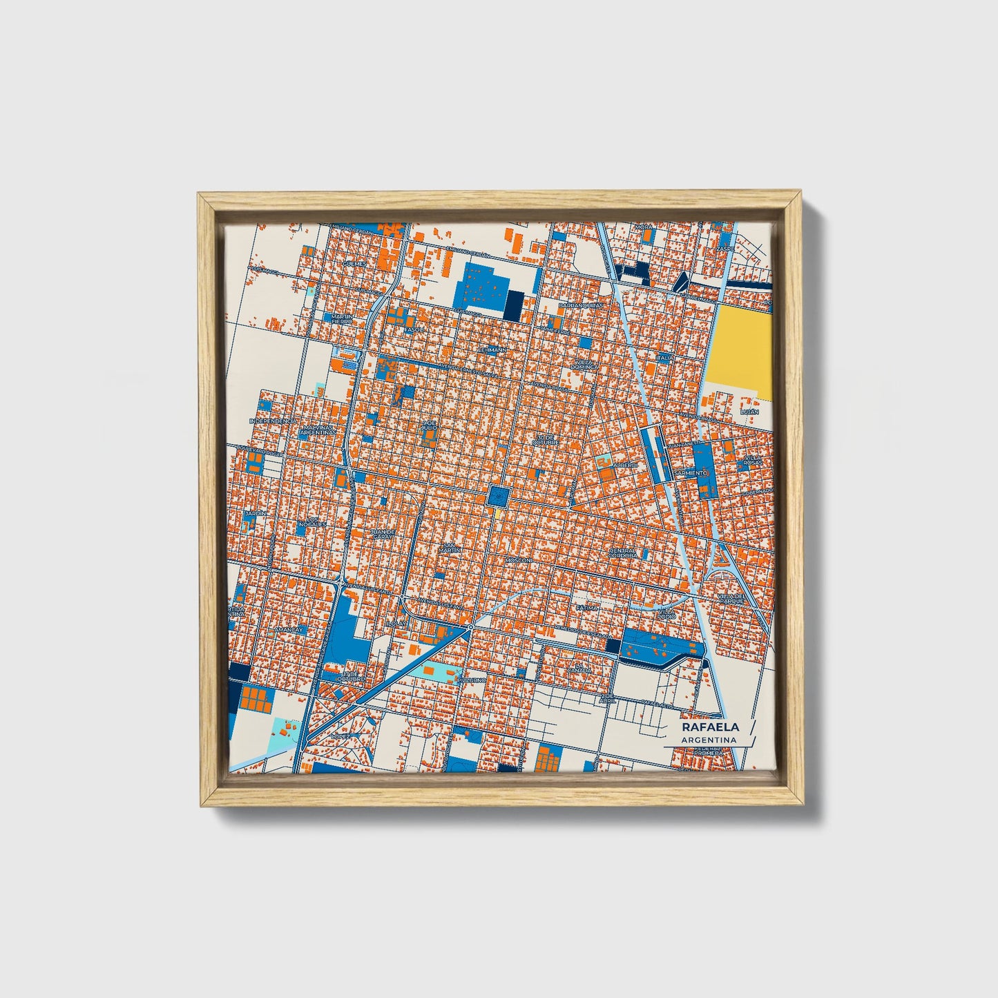 Rafaela Argentina Colorful City Map Canvas Print • Natural Wooden Framed