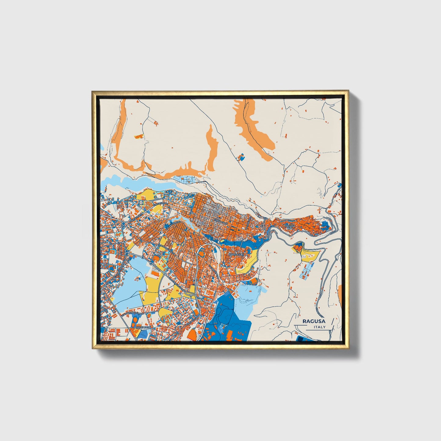 Ragusa Italy Colorful City Map Canvas Print • Gold Framed