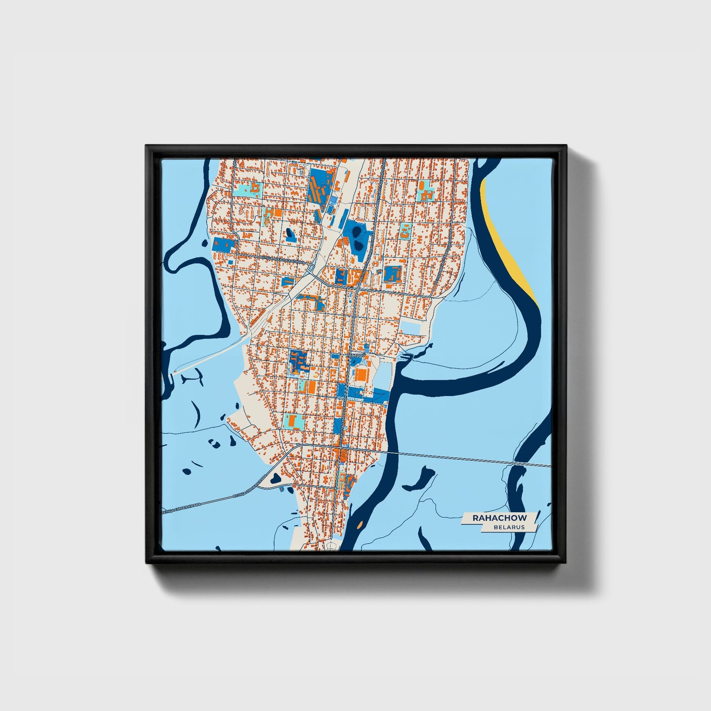 Rahachow Belarus Colorful City Map Canvas Print • Black Framed