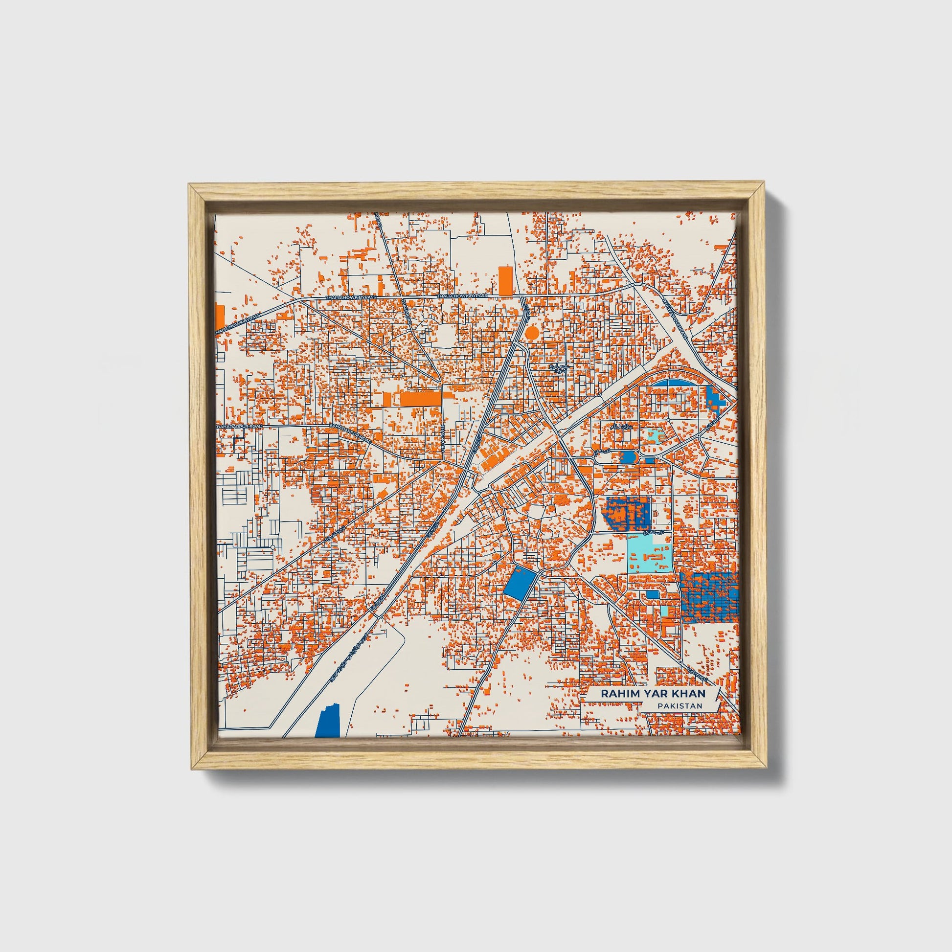 Rahim Yar Khan Pakistan Colorful City Map Canvas Print • Natural Wooden Framed