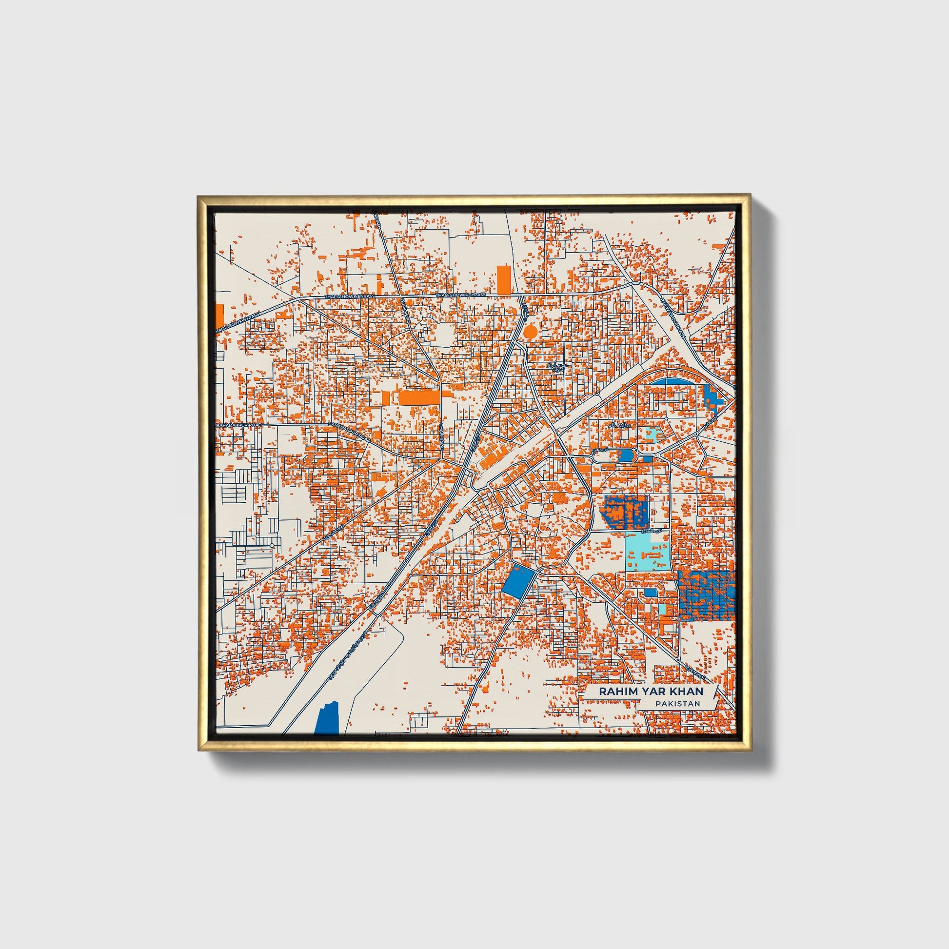 Rahim Yar Khan Pakistan Colorful City Map Canvas Print • Gold Framed