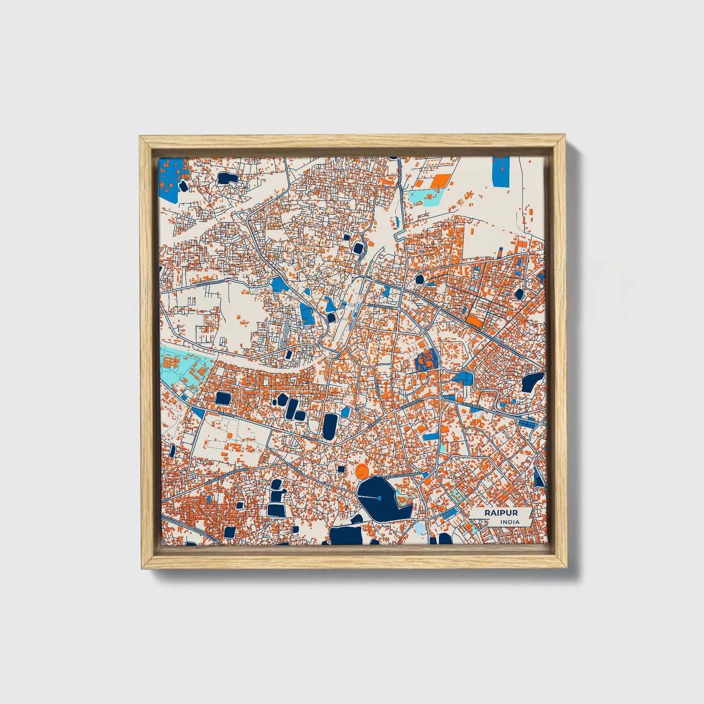 Raipur India Colorful City Map Canvas Print • Natural Wooden Framed