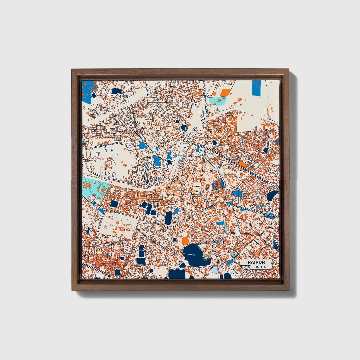 Raipur India Colorful City Map Canvas Print • Dark Wooden Framed
