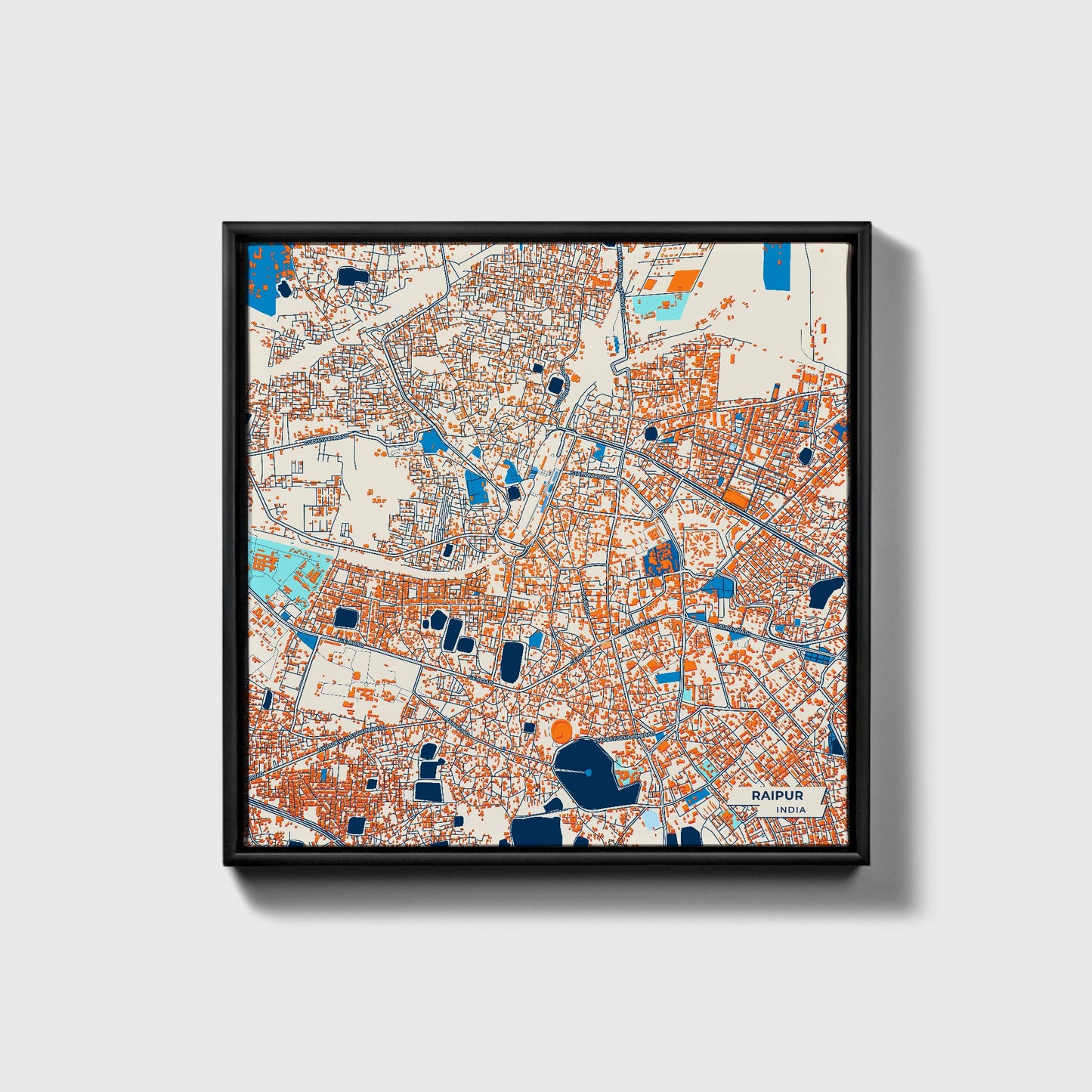 Raipur India Colorful City Map Canvas Print • Black Framed