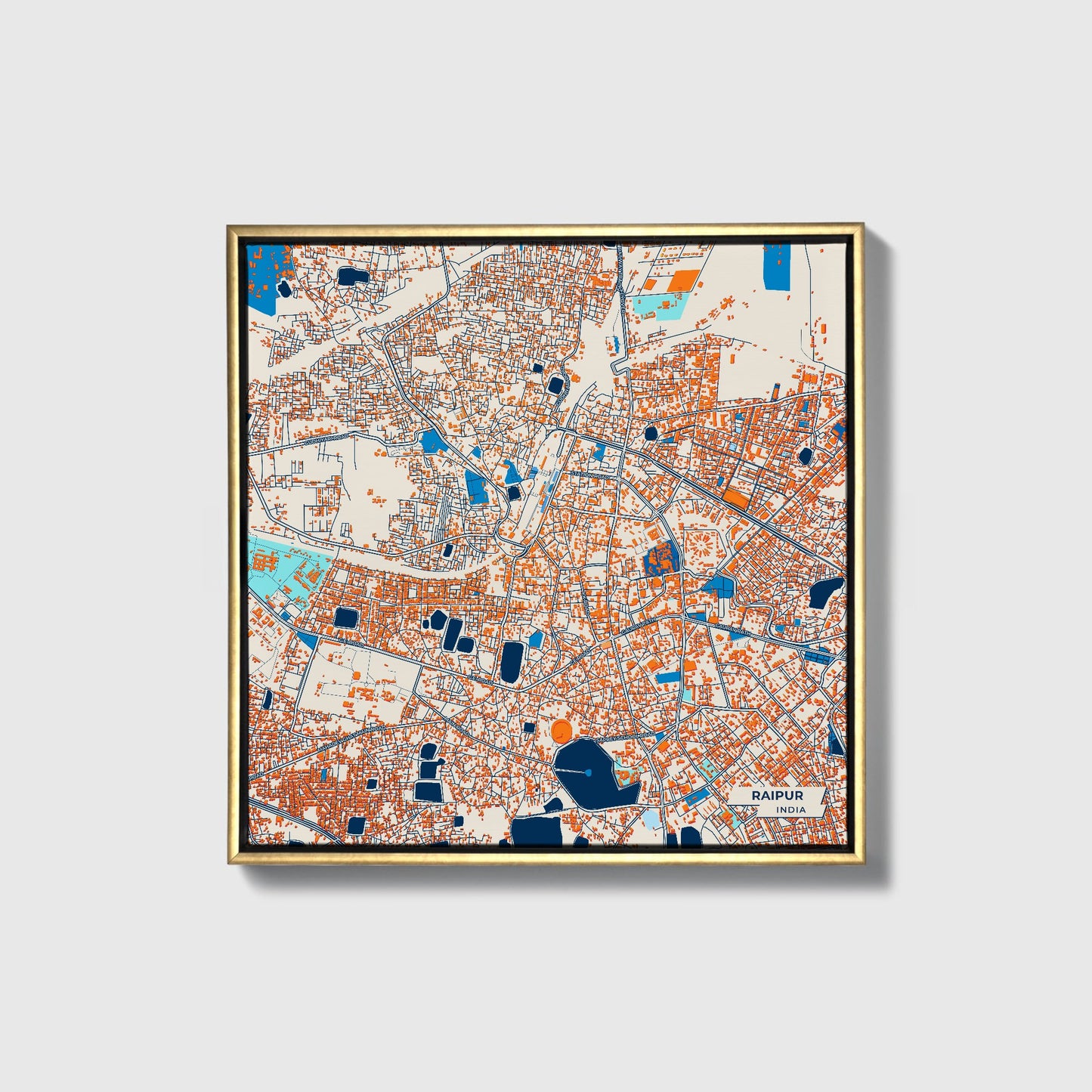 Raipur India Colorful City Map Canvas Print • Gold Framed