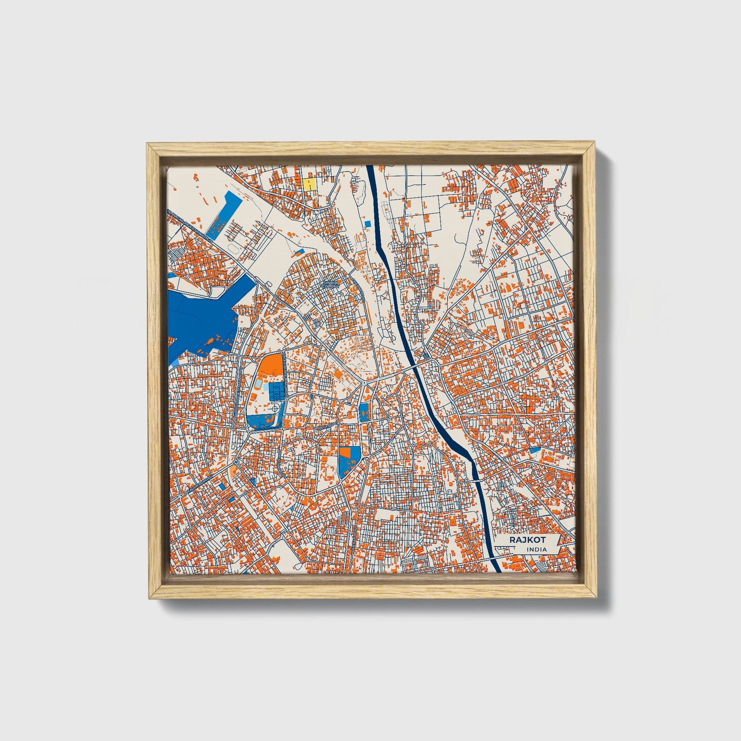 Rajkot India Colorful City Map Canvas Print • Natural Wooden Framed
