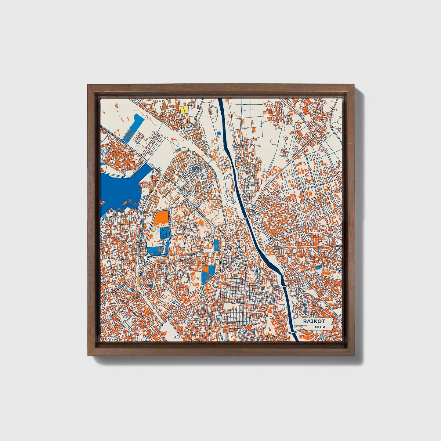 Rajkot India Colorful City Map Canvas Print • Dark Wooden Framed
