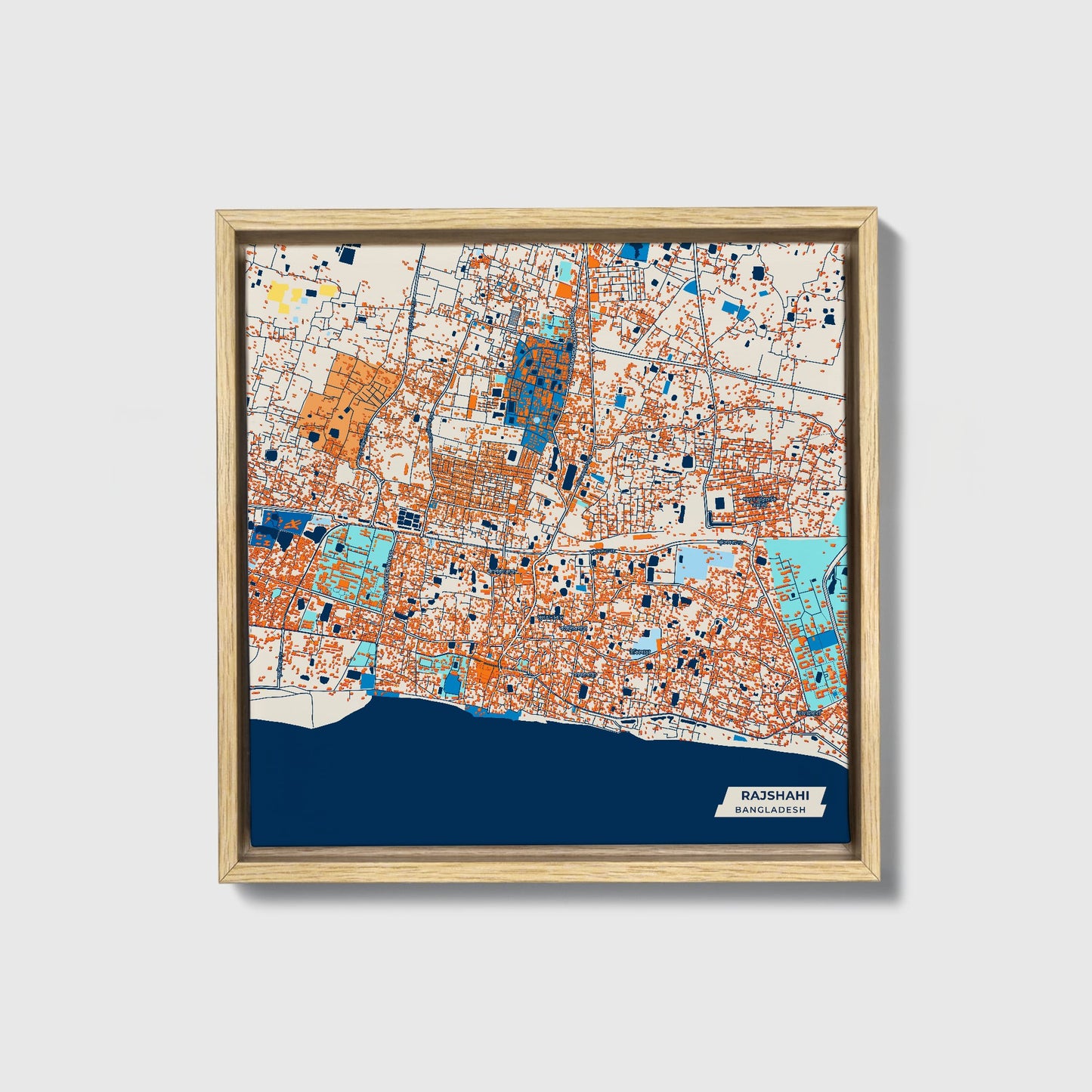 Rajshahi Bangladesh Colorful City Map Canvas Print • Natural Wooden Framed