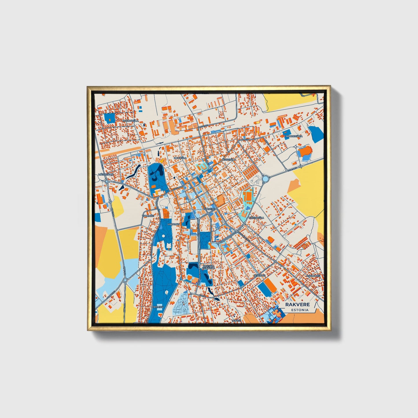 Rakvere Estonia Colorful City Map Canvas Print • Gold Framed