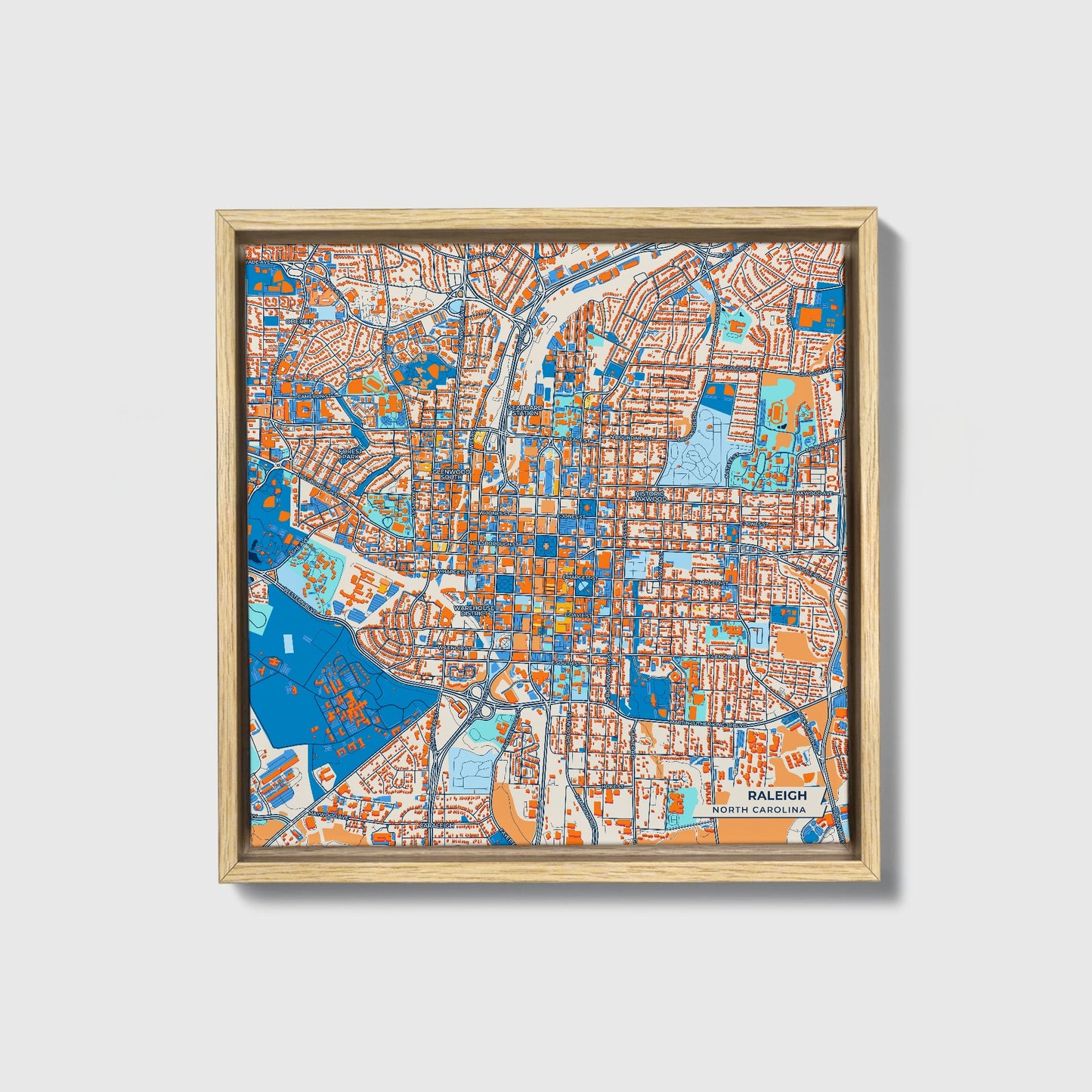 Raleigh North Carolina Colorful City Map Canvas Print • Natural Wooden Framed