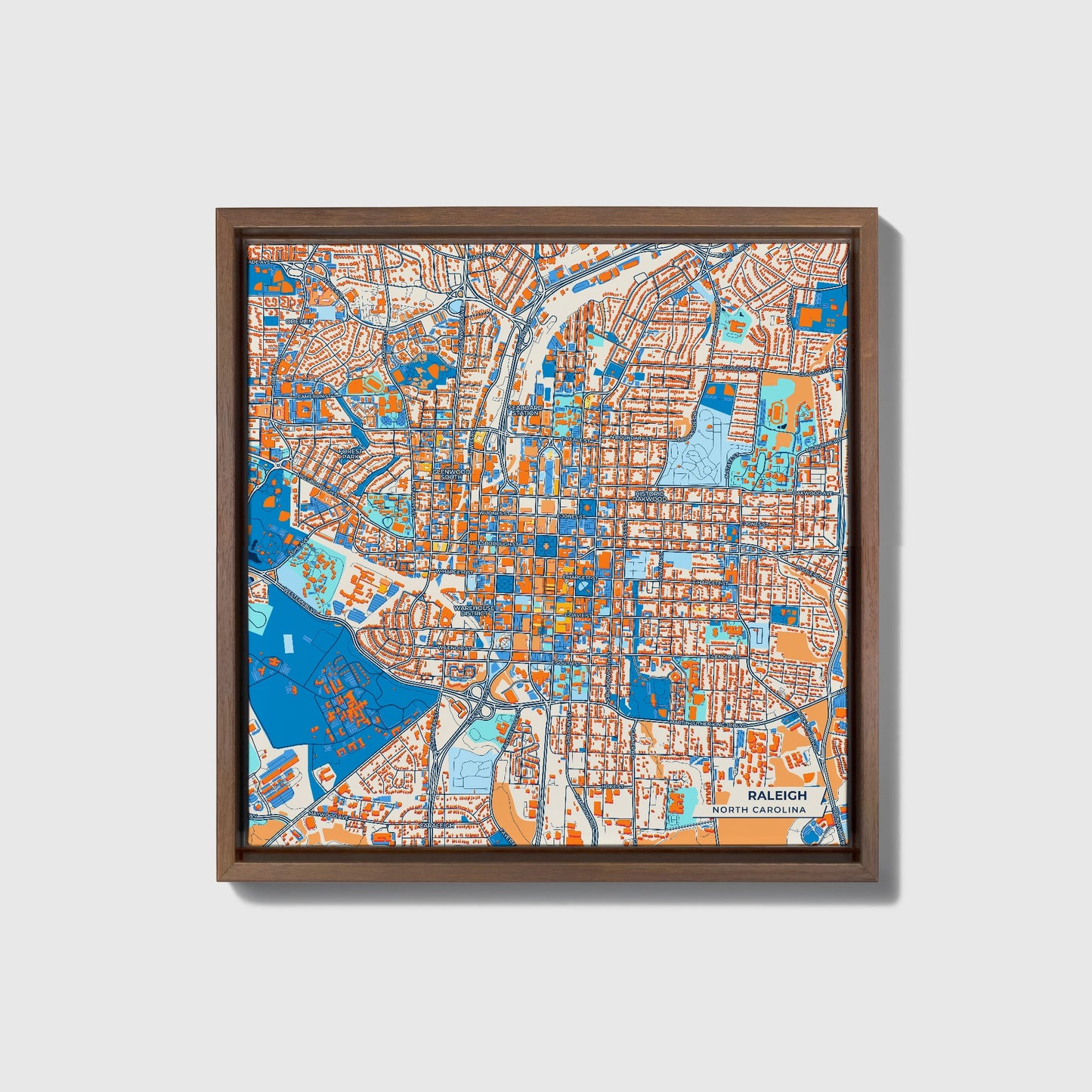 Raleigh North Carolina Colorful City Map Canvas Print • Dark Wooden Framed