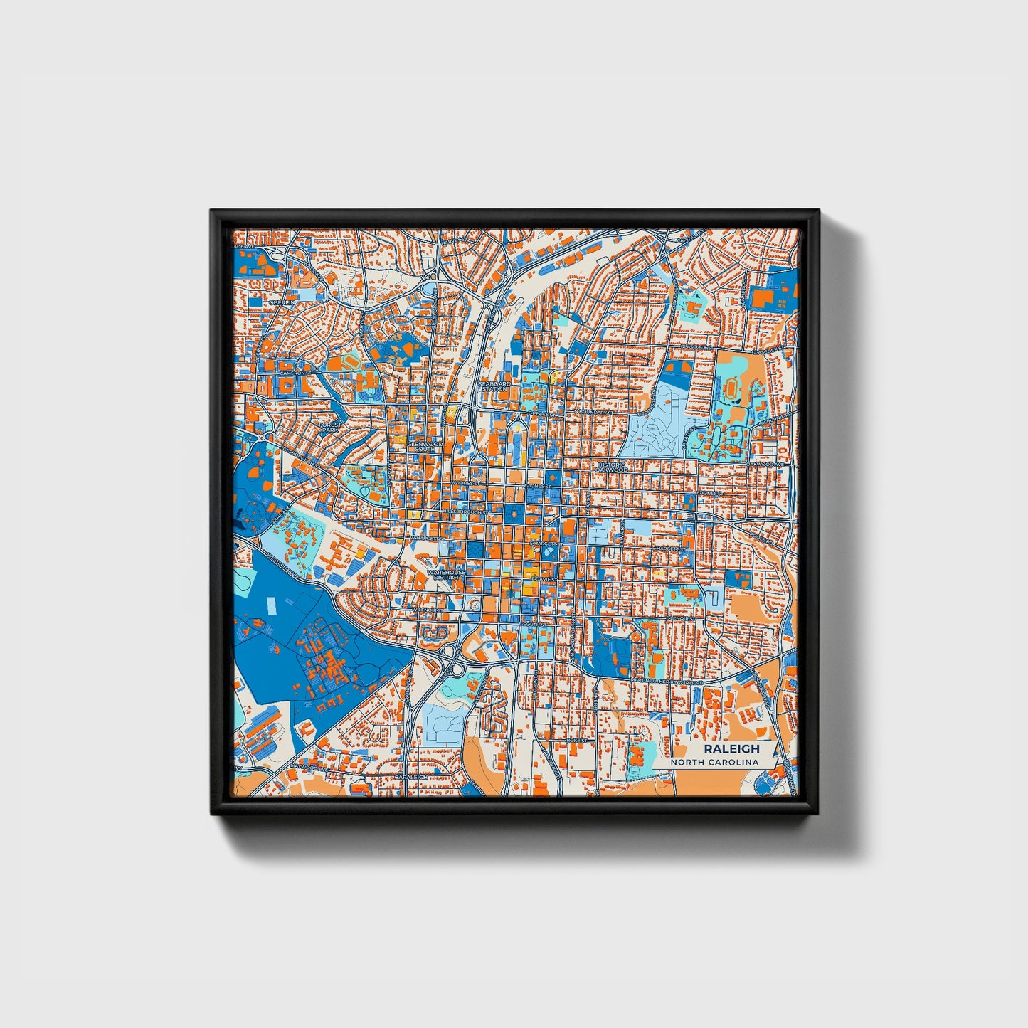 Raleigh North Carolina Colorful City Map Canvas Print • Black Framed