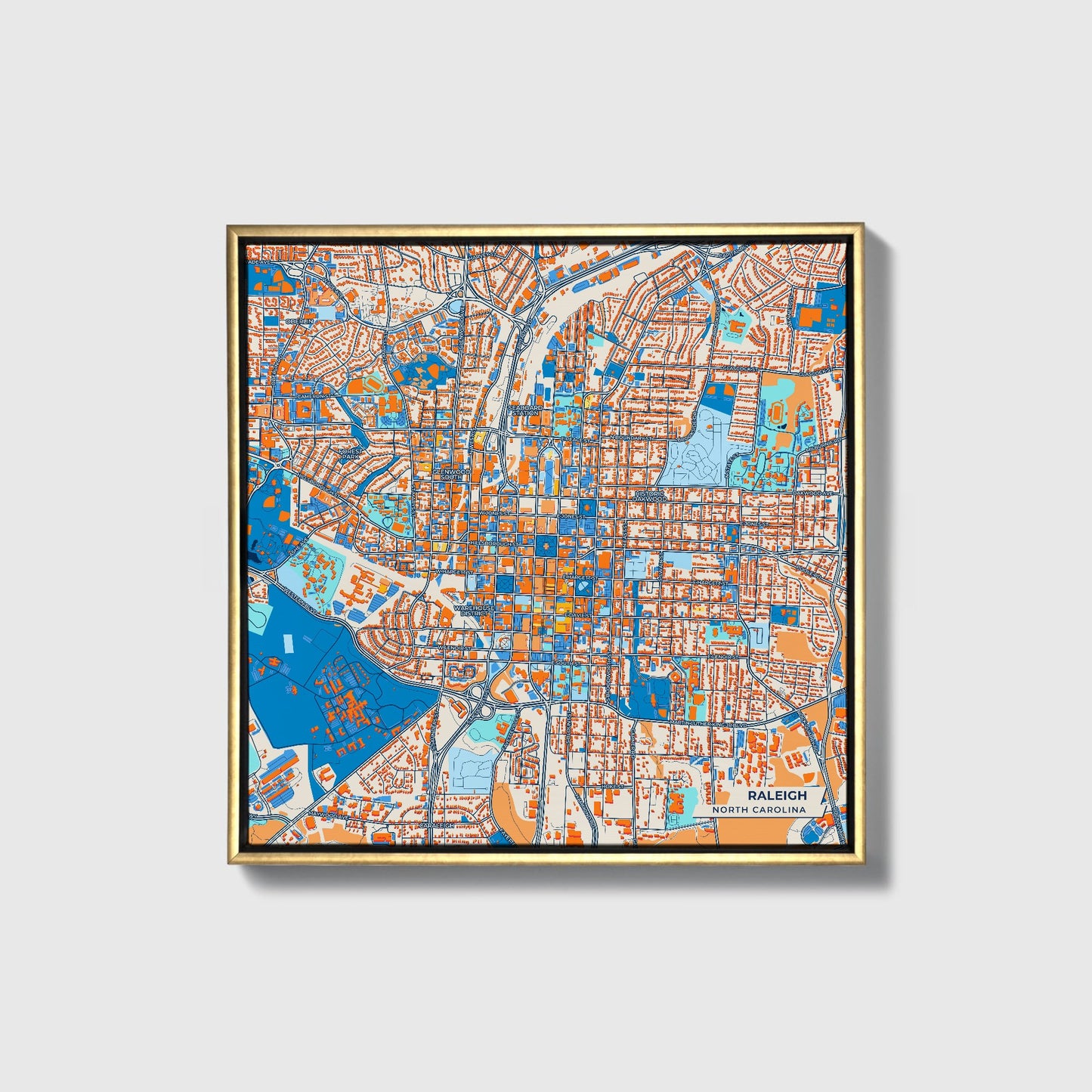 Raleigh North Carolina Colorful City Map Canvas Print • Gold Framed
