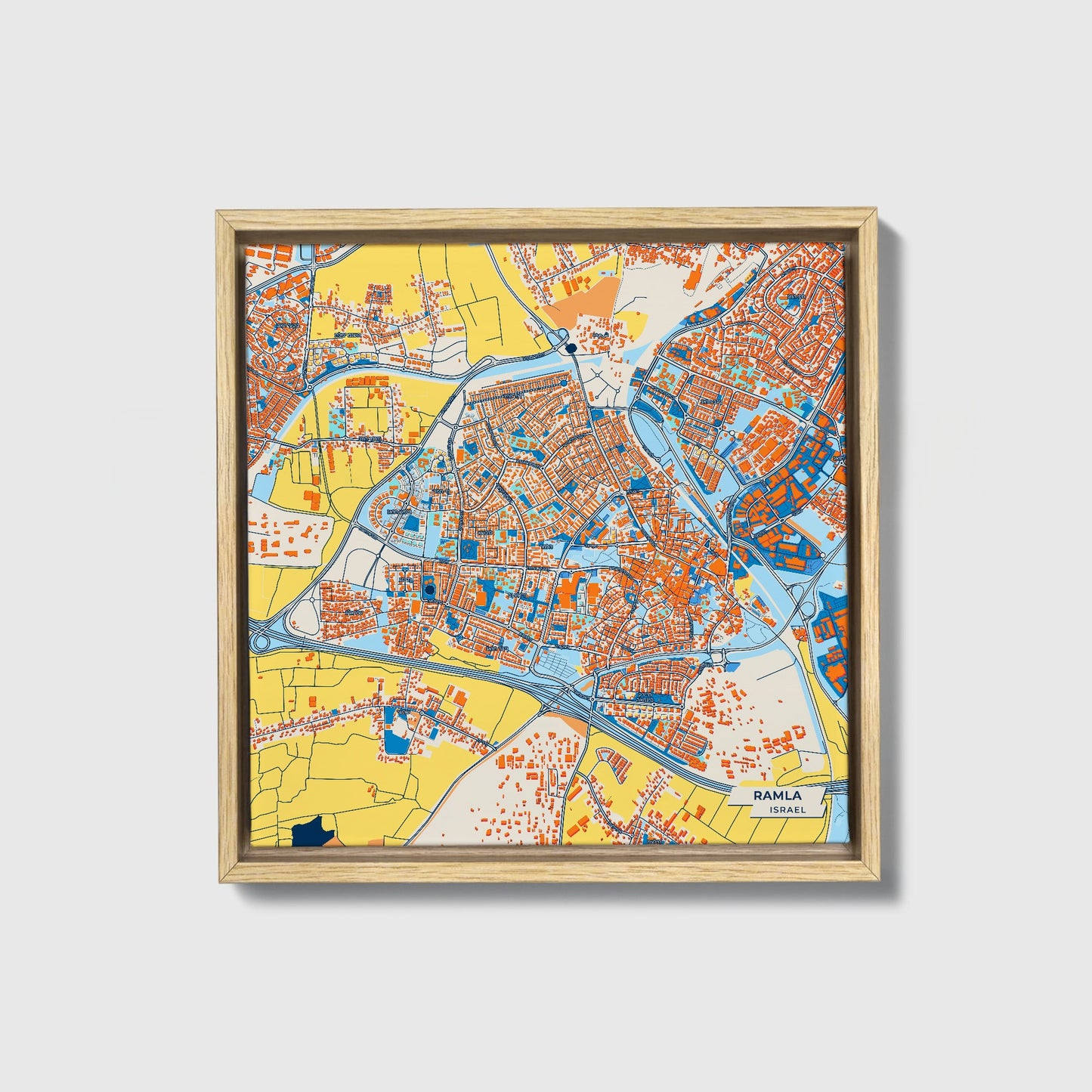 Ramla Israel Colorful City Map Canvas Print • Natural Wooden Framed