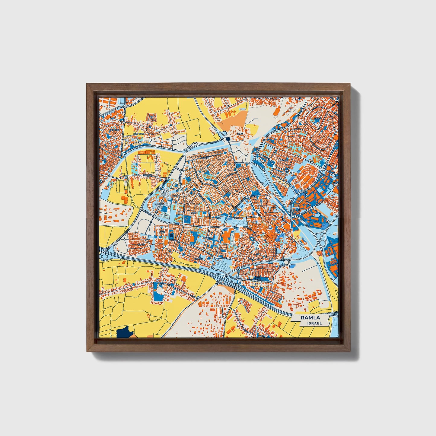 Ramla Israel Colorful City Map Canvas Print • Dark Wooden Framed