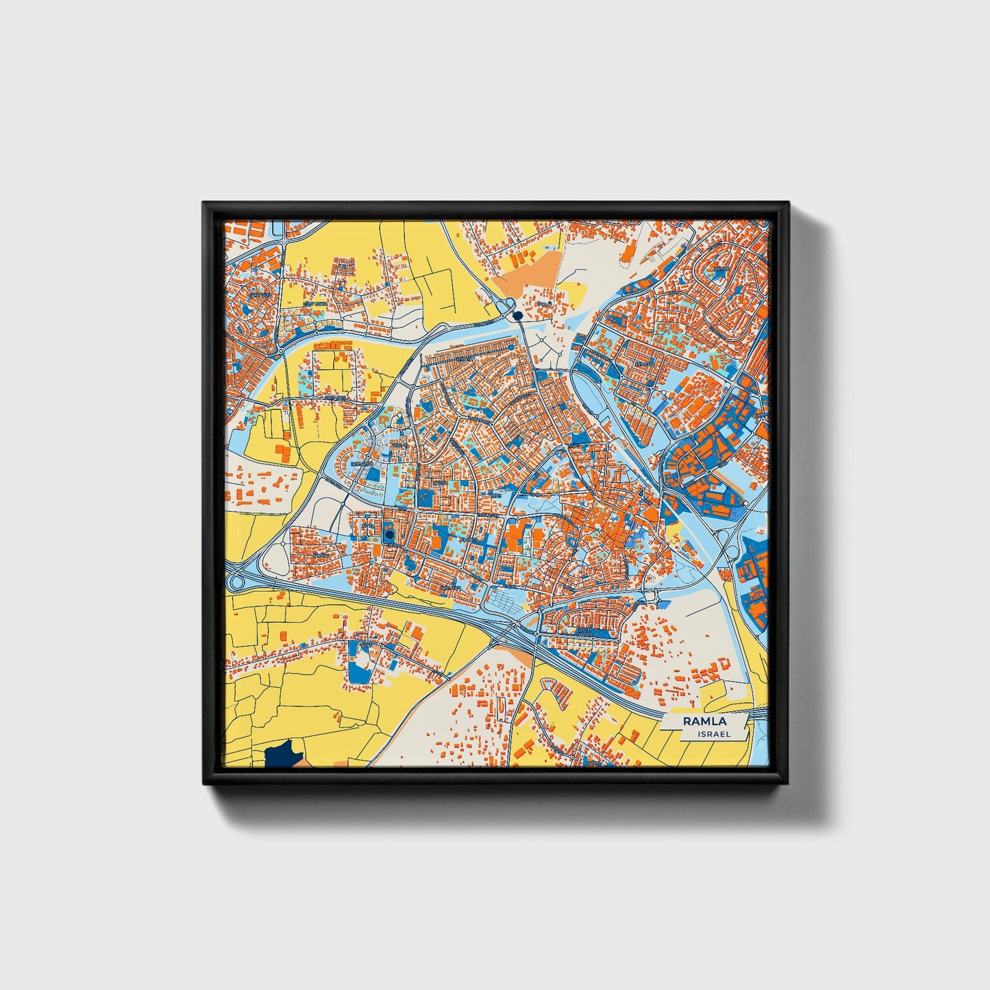 Ramla Israel Colorful City Map Canvas Print • Black Framed