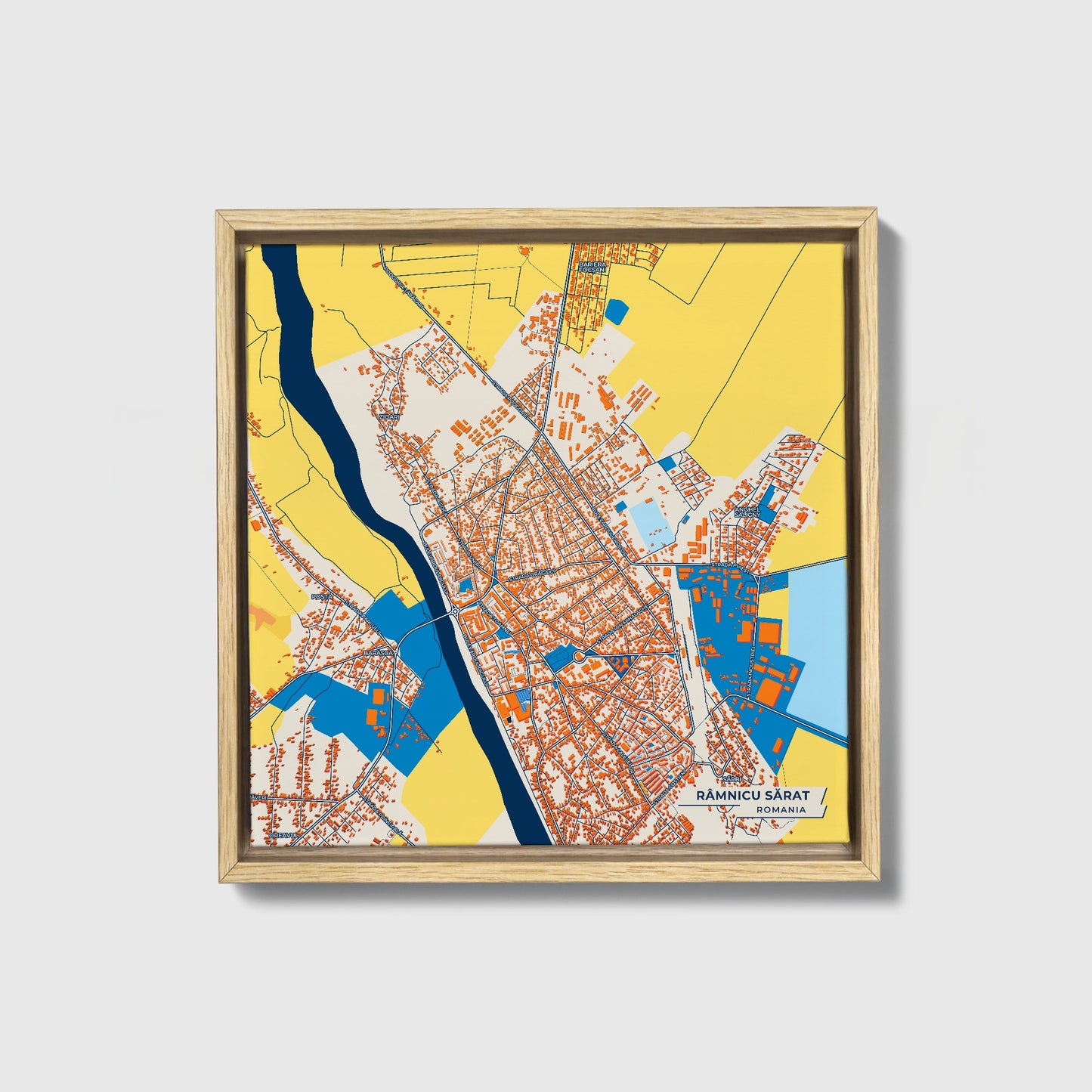 Râmnicu Sărat Romania Colorful City Map Canvas Print • Natural Wooden Framed