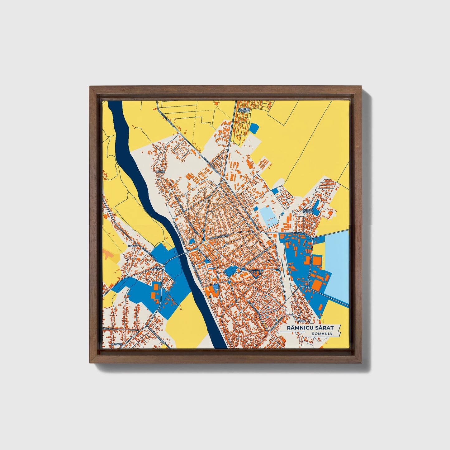 Râmnicu Sărat Romania Colorful City Map Canvas Print • Dark Wooden Framed