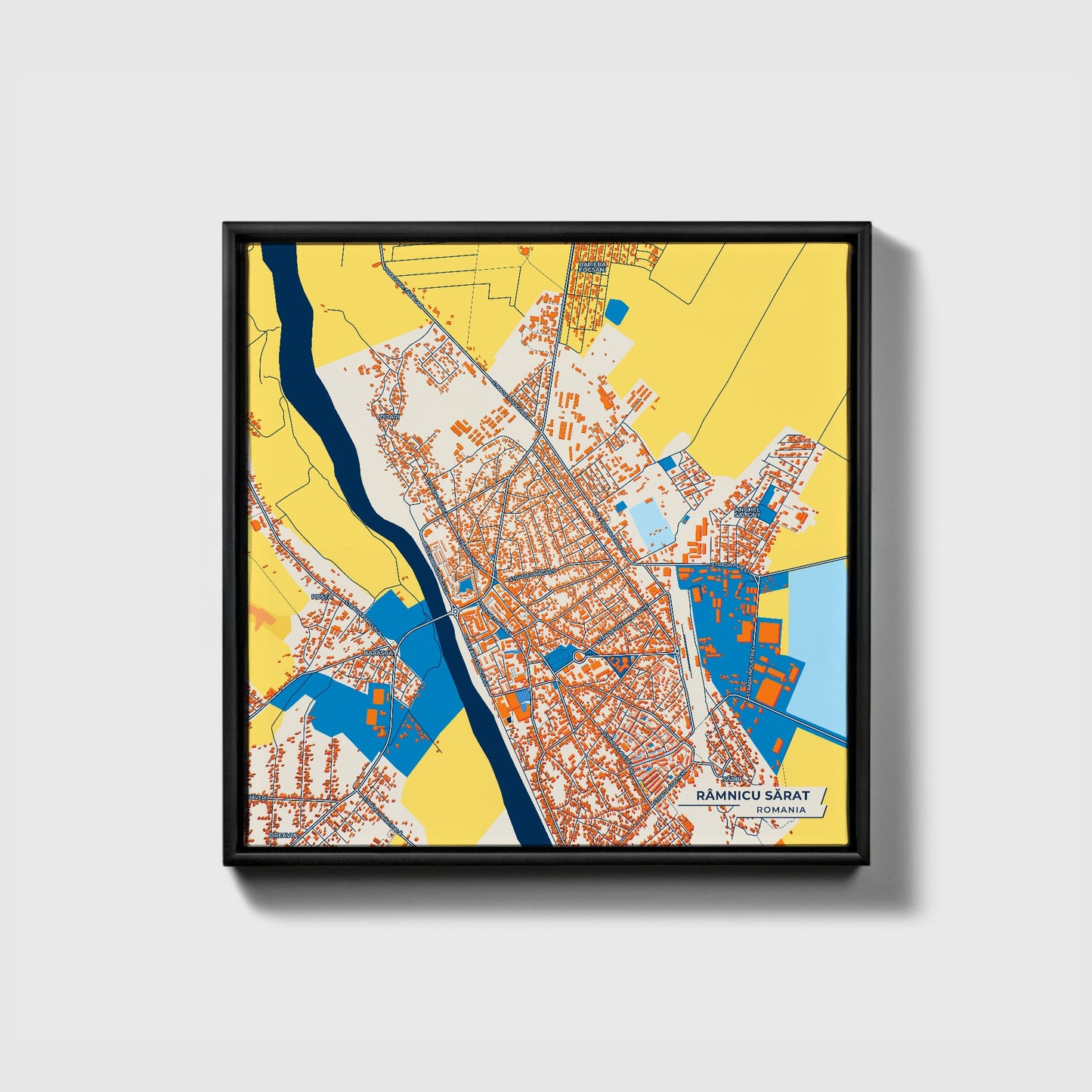 Râmnicu Sărat Romania Colorful City Map Canvas Print • Black Framed