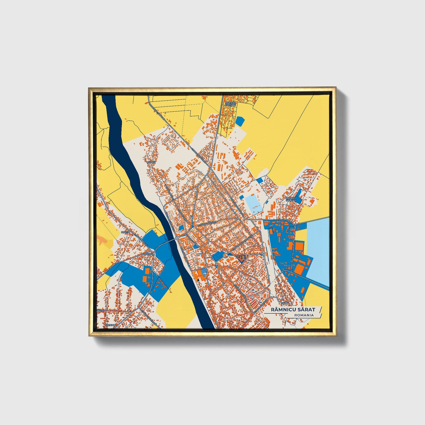 Râmnicu Sărat Romania Colorful City Map Canvas Print • Gold Framed