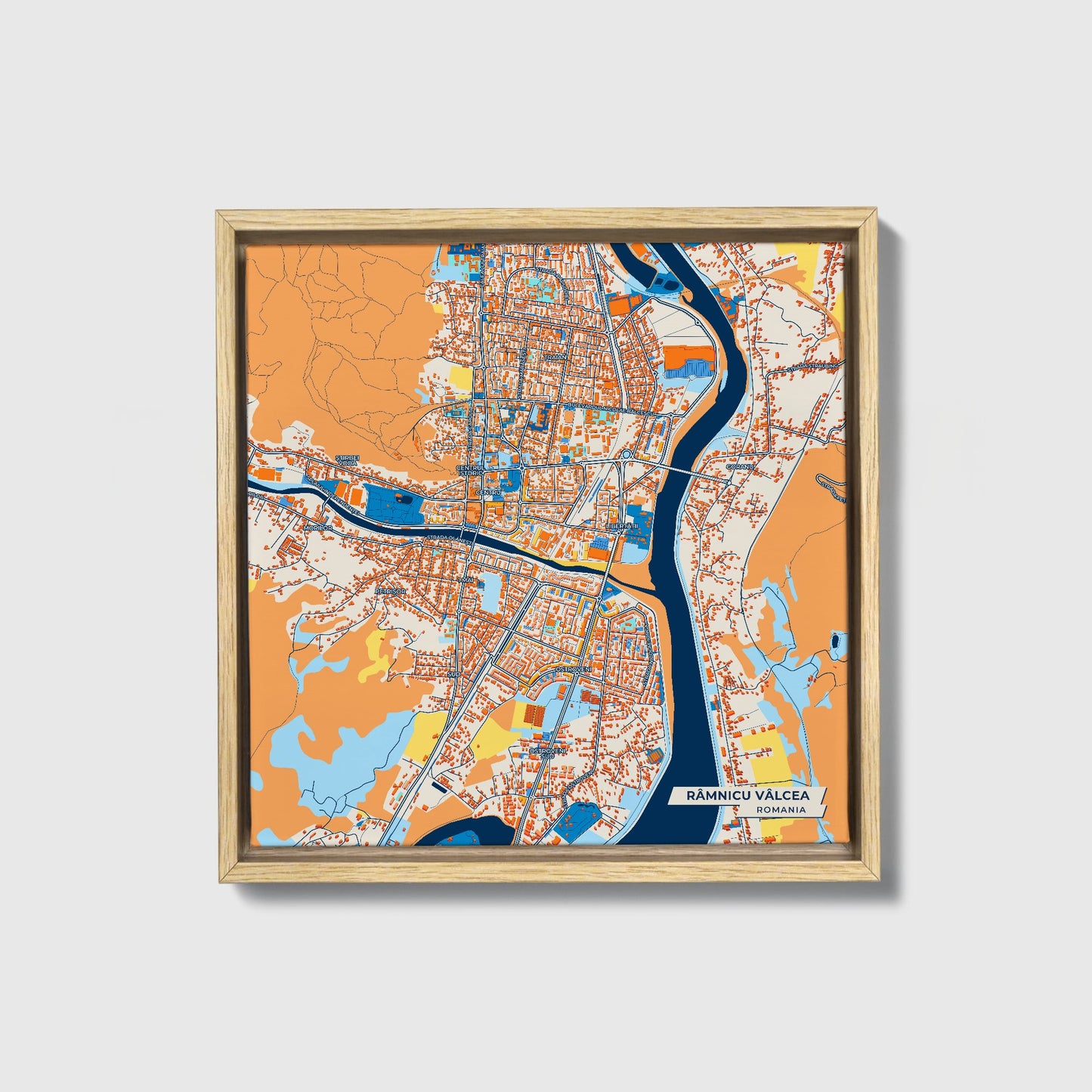 Râmnicu Vâlcea Romania Colorful City Map Canvas Print • Natural Wooden Framed