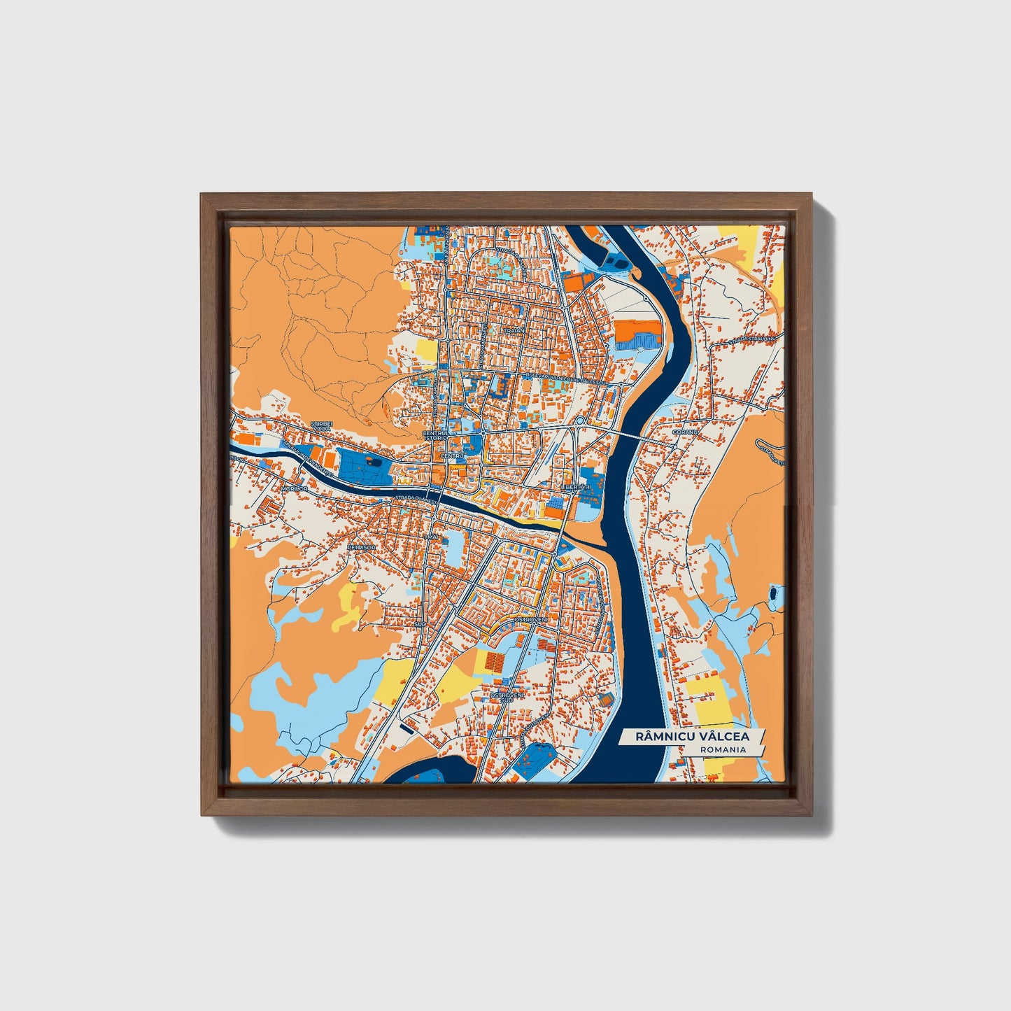 Râmnicu Vâlcea Romania Colorful City Map Canvas Print • Dark Wooden Framed