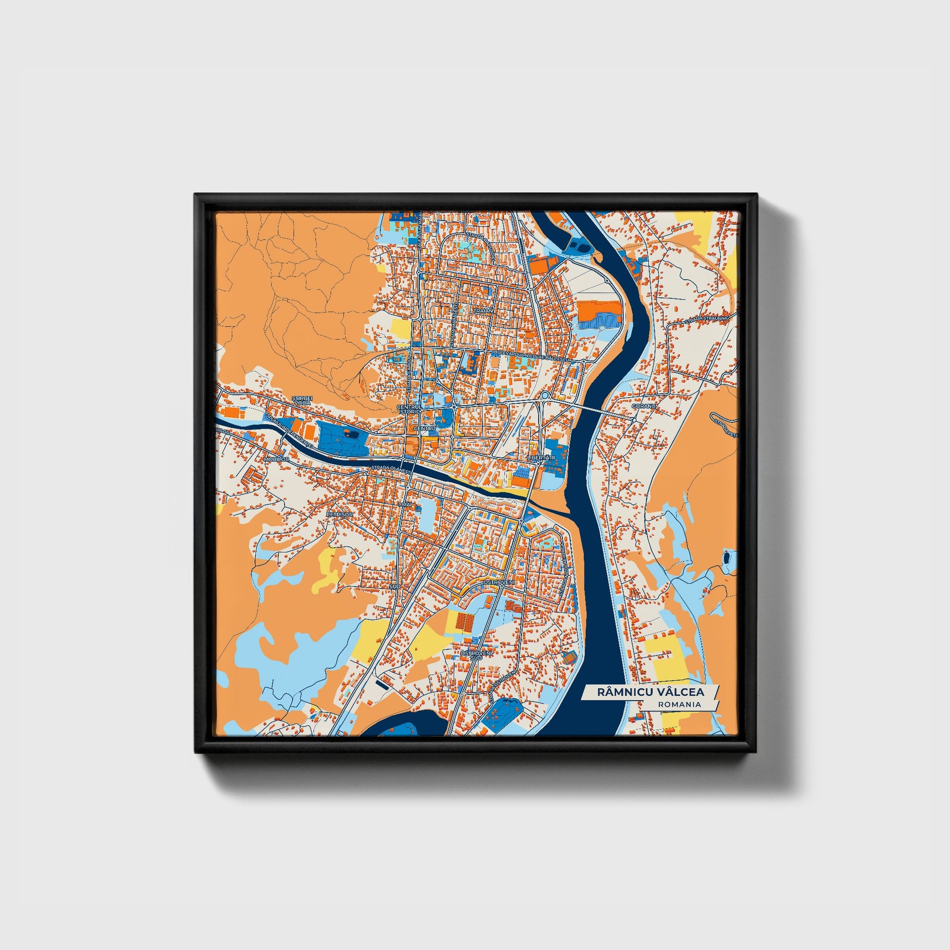Râmnicu Vâlcea Romania Colorful City Map Canvas Print • Black Framed