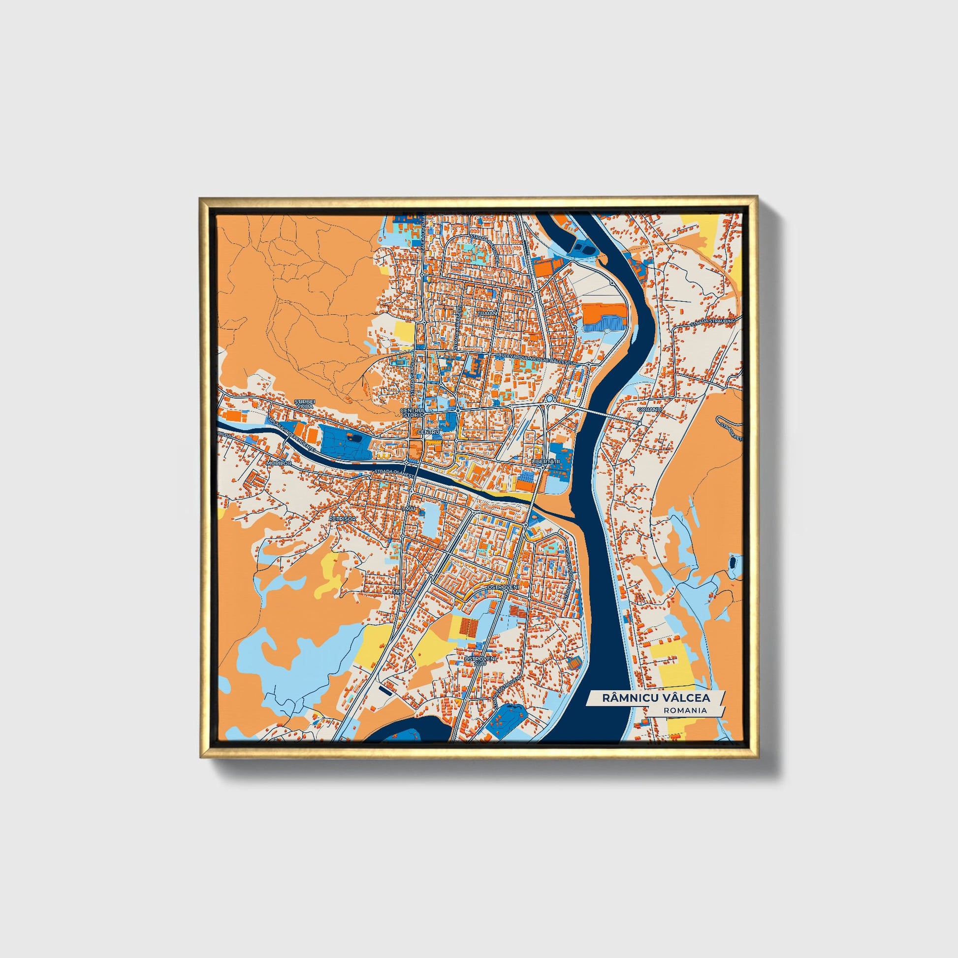 Râmnicu Vâlcea Romania Colorful City Map Canvas Print • Gold Framed