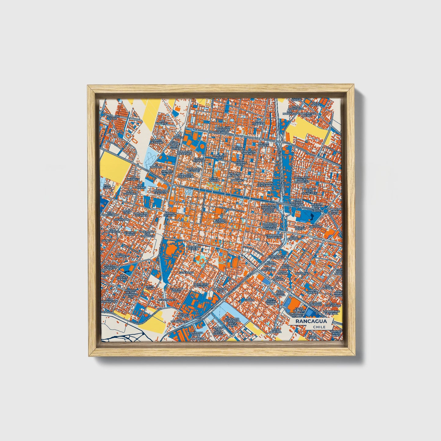 Rancagua Chile Colorful City Map Canvas Print • Natural Wooden Framed