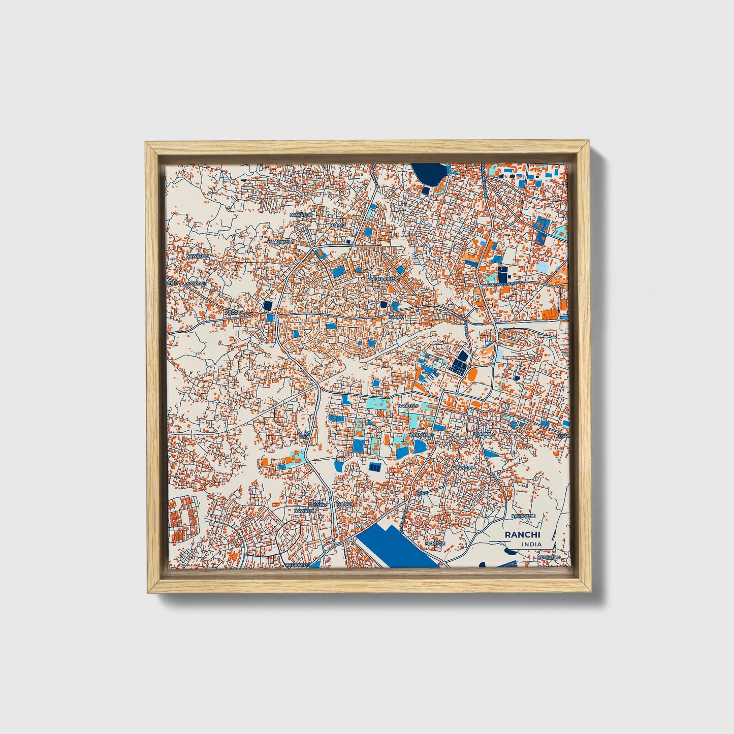 Ranchi India Colorful City Map Canvas Print • Natural Wooden Framed