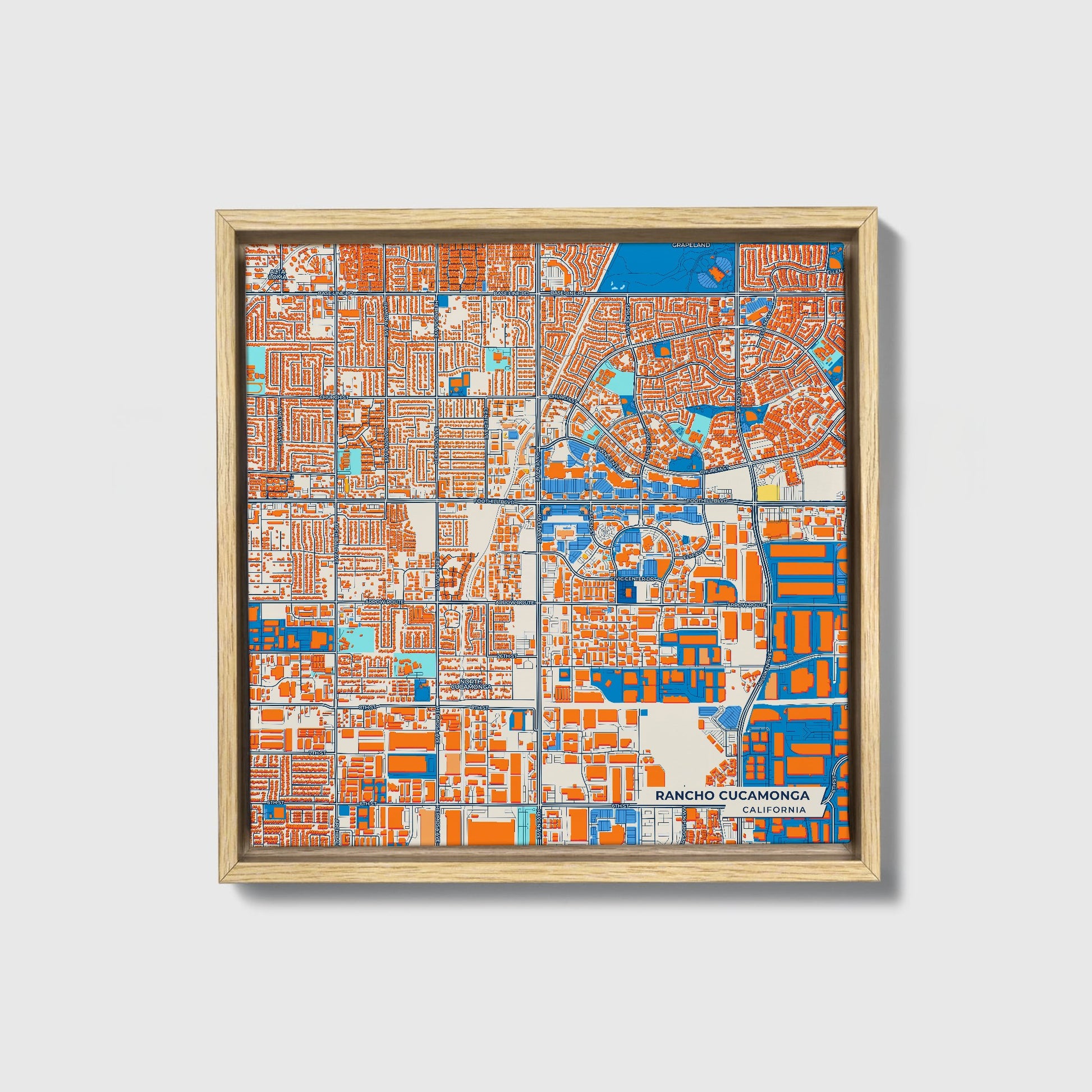 Rancho Cucamonga California Colorful City Map Canvas Print • Natural Wooden Framed