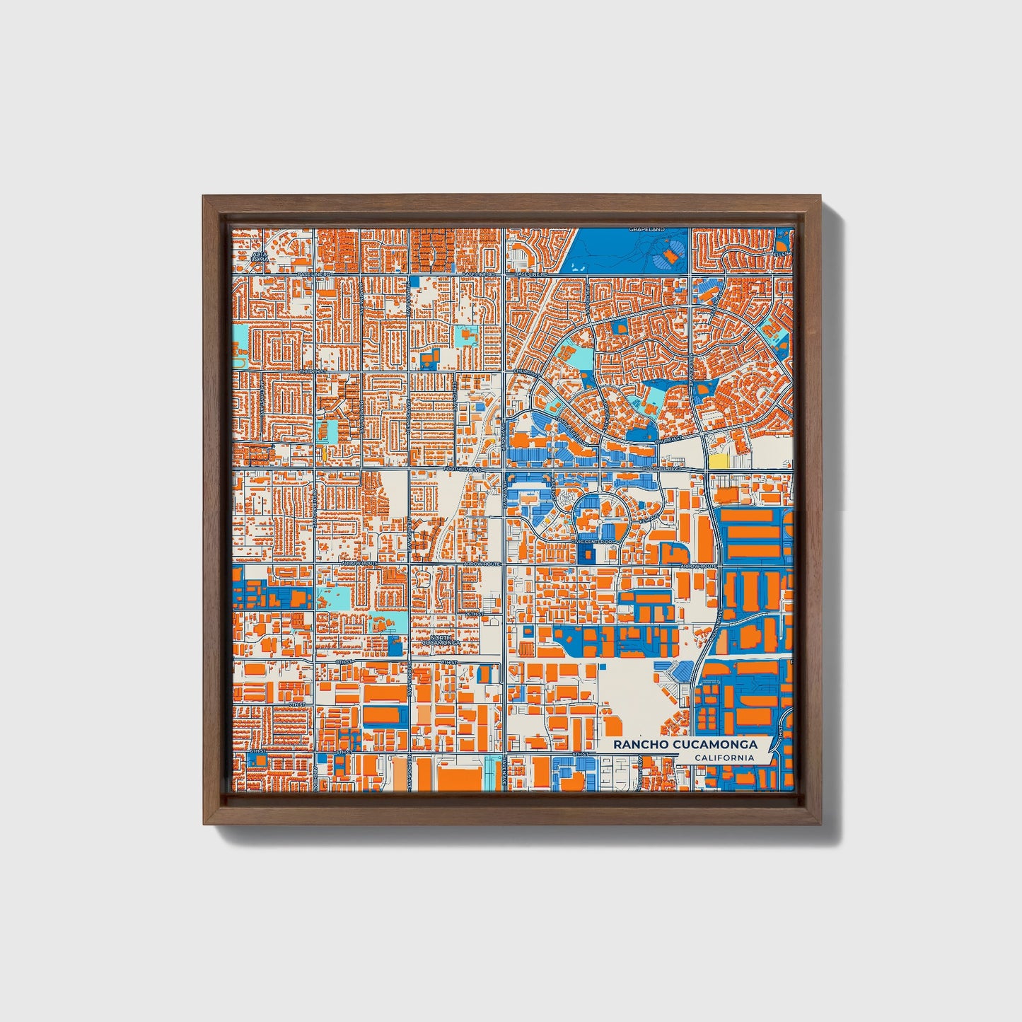 Rancho Cucamonga California Colorful City Map Canvas Print • Dark Wooden Framed