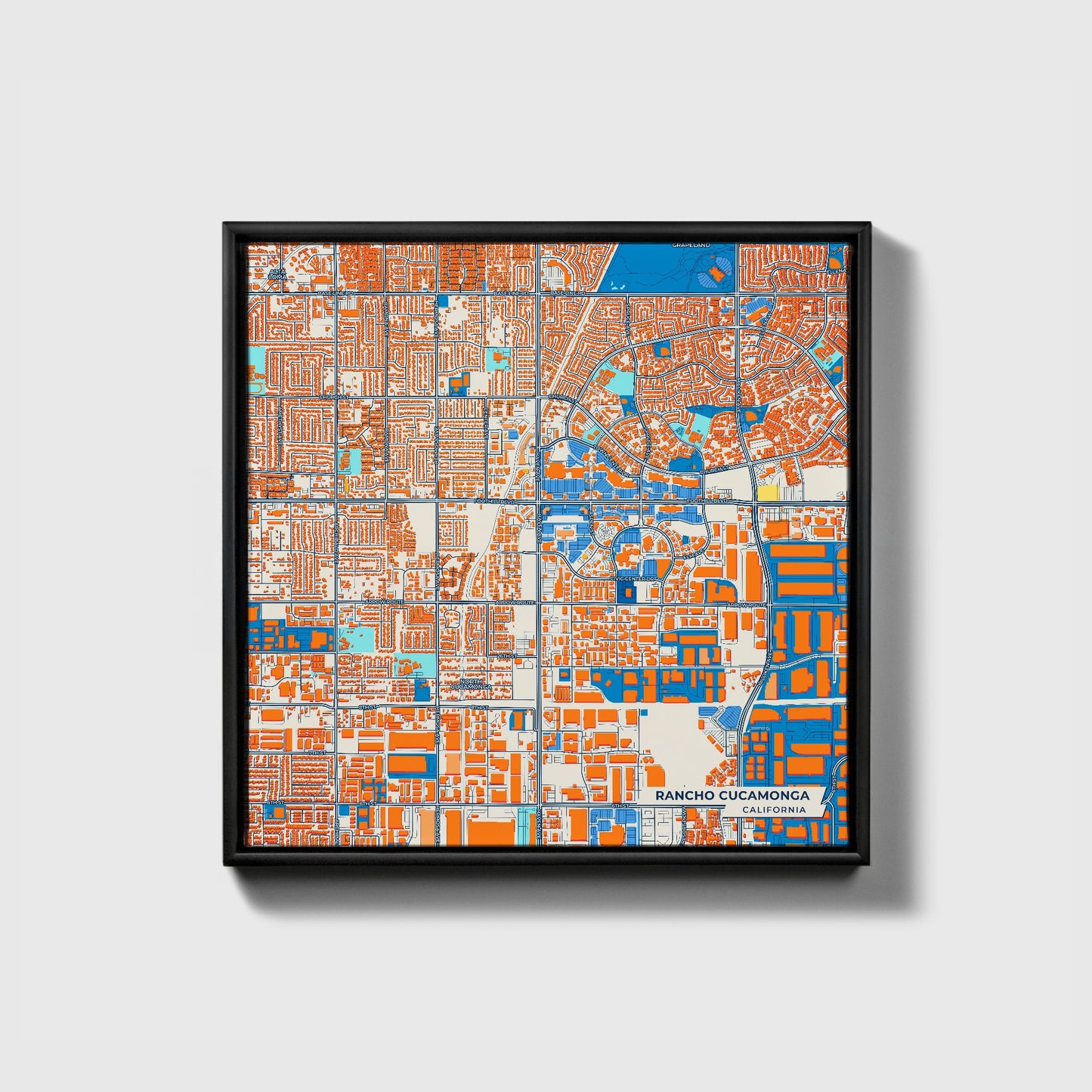 Rancho Cucamonga California Colorful City Map Canvas Print • Black Framed