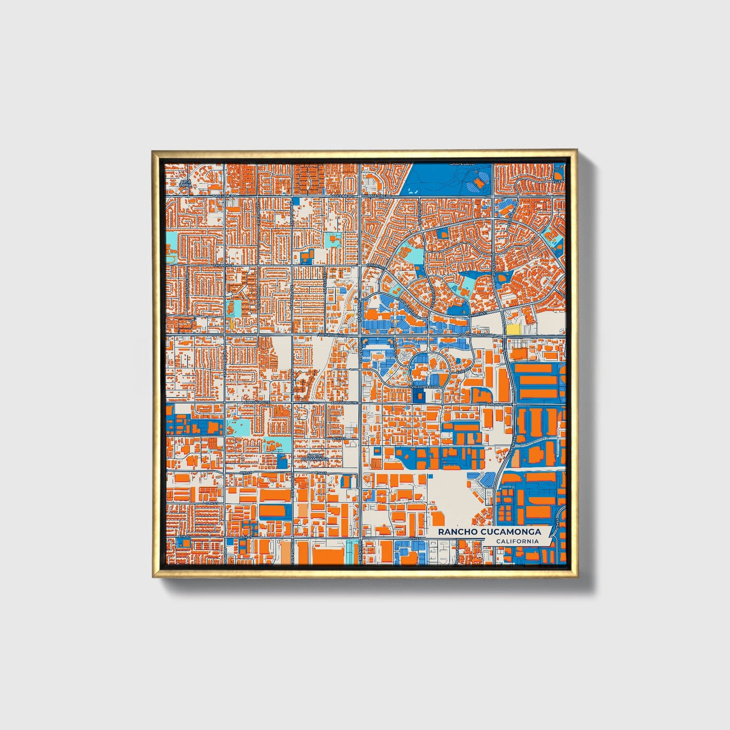 Rancho Cucamonga California Colorful City Map Canvas Print • Gold Framed